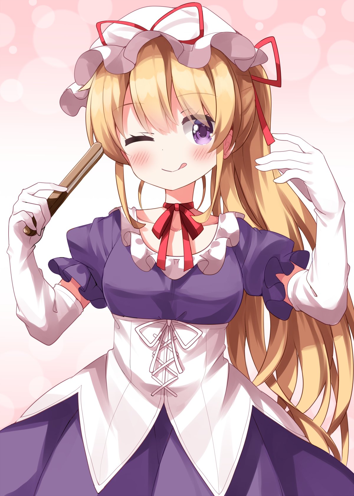 ruu (tksymkw), yakumo yukari, touhou, commentary, highres, 1girl, ;q, alternate hairstyle, blonde hair, blush, breasts, choker, closed mouth, collarbone, cowboy shot, dress, elbow gloves, folded fan, folding fan, frilled sleeves, frills, gloves, hand fan, hands up, hat, hat ribbon, holding, holding fan, long hair, looking at viewer, mob cap, one eye closed, pink background, ponytail, purple dress, purple eyes, red choker, red ribbon, ribbon, ribbon choker, short sleeves, smile, solo, tongue, tongue out, white gloves, white hat