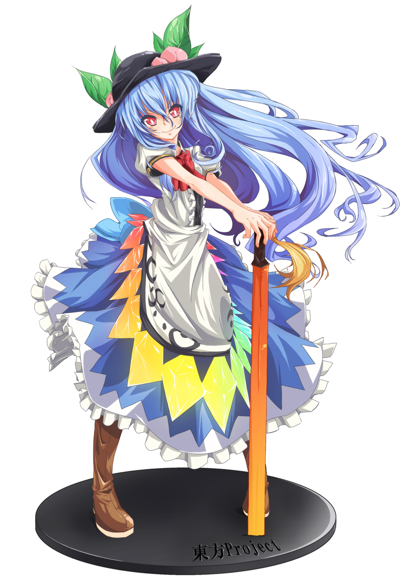chonbo (artist), hinanawi tenshi, touhou, bad id, bad pixiv id, highres, 1girl, blue hair, bow, dress, female focus, full body, hat, long hair, pink eyes, solo, standing, sword, sword of hisou, weapon, white background
