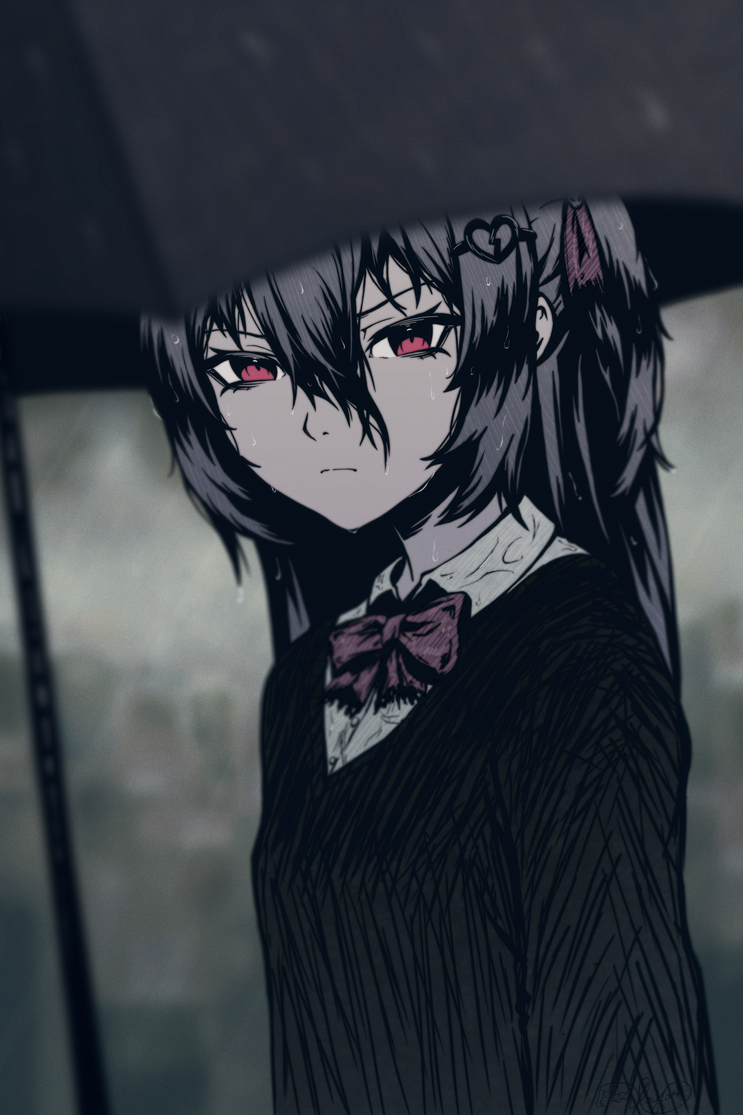 reyforn, evil neuro-sama, neuro-sama, absurdres, commentary, english commentary, highres, 1girl, black cardigan, black hair, black umbrella, bow, bowtie, broken heart, broken heart hair ornament, cardigan, closed mouth, from side, hair ribbon, heart, long hair, looking at viewer, outdoors, rain, red bow, red bowtie, red eyes, red ribbon, ribbon, shirt, solo, umbrella, upper body, v-neck, vedal ai, virtual youtuber, wet, wet clothes, wet shirt, white shirt
