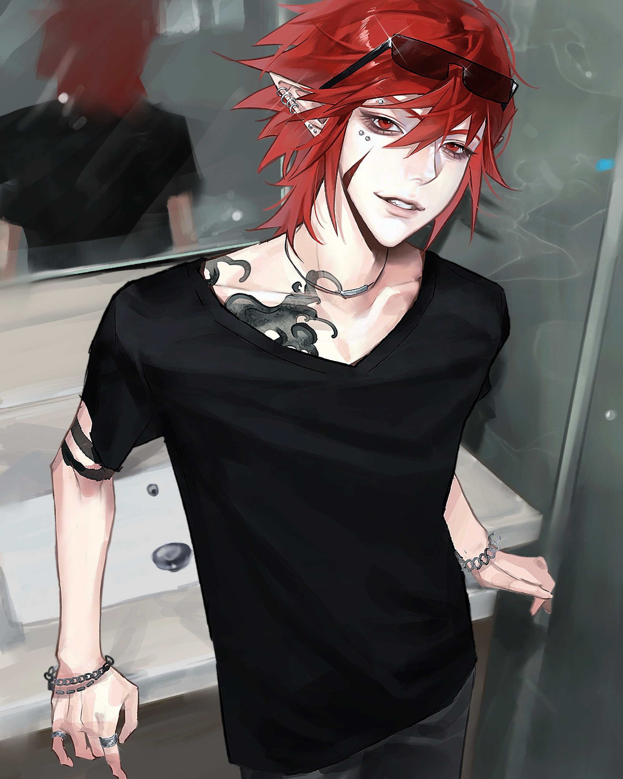 yigeniuren, pius (aotu world), aotu world, absurdres, highres, 1boy, arm tattoo, bathroom, bead bracelet, beads, black shirt, bracelet, choker, collarbone, cowboy shot, ear piercing, earrings, eyebrow piercing, eyelashes, eyewear on head, face piercing, facial scar, glint, grey pants, grin, hair between eyes, jewelry, lip piercing, looking at viewer, male focus, mirror, multiple rings, neck tattoo, necklace, pants, parted lips, piercing, pointy ears, red eyes, red hair, reflection, ring, scar, scar on cheek, scar on face, sharp teeth, shirt, short hair, short sleeves, shoulder tattoo, sink, smile, solo, standing, sunglasses, t-shirt, tattoo, teeth, v-neck