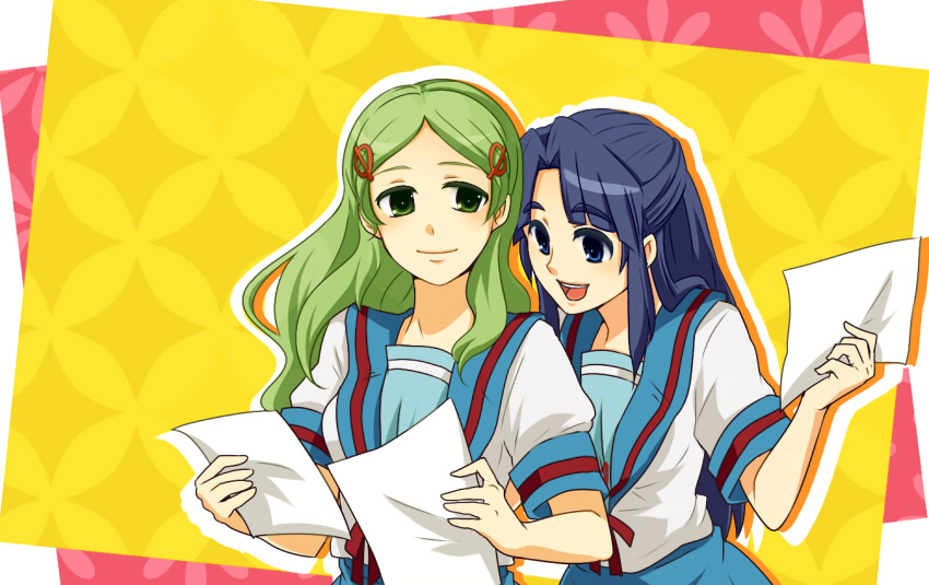 eringi oishii, asakura ryoko, kimidori emiri, suzumiya haruhi no yuuutsu, bad id, bad pixiv id, 00s, 2girls, blue eyes, blue hair, green eyes, green hair, long hair, multiple girls, paper, school uniform, serafuku