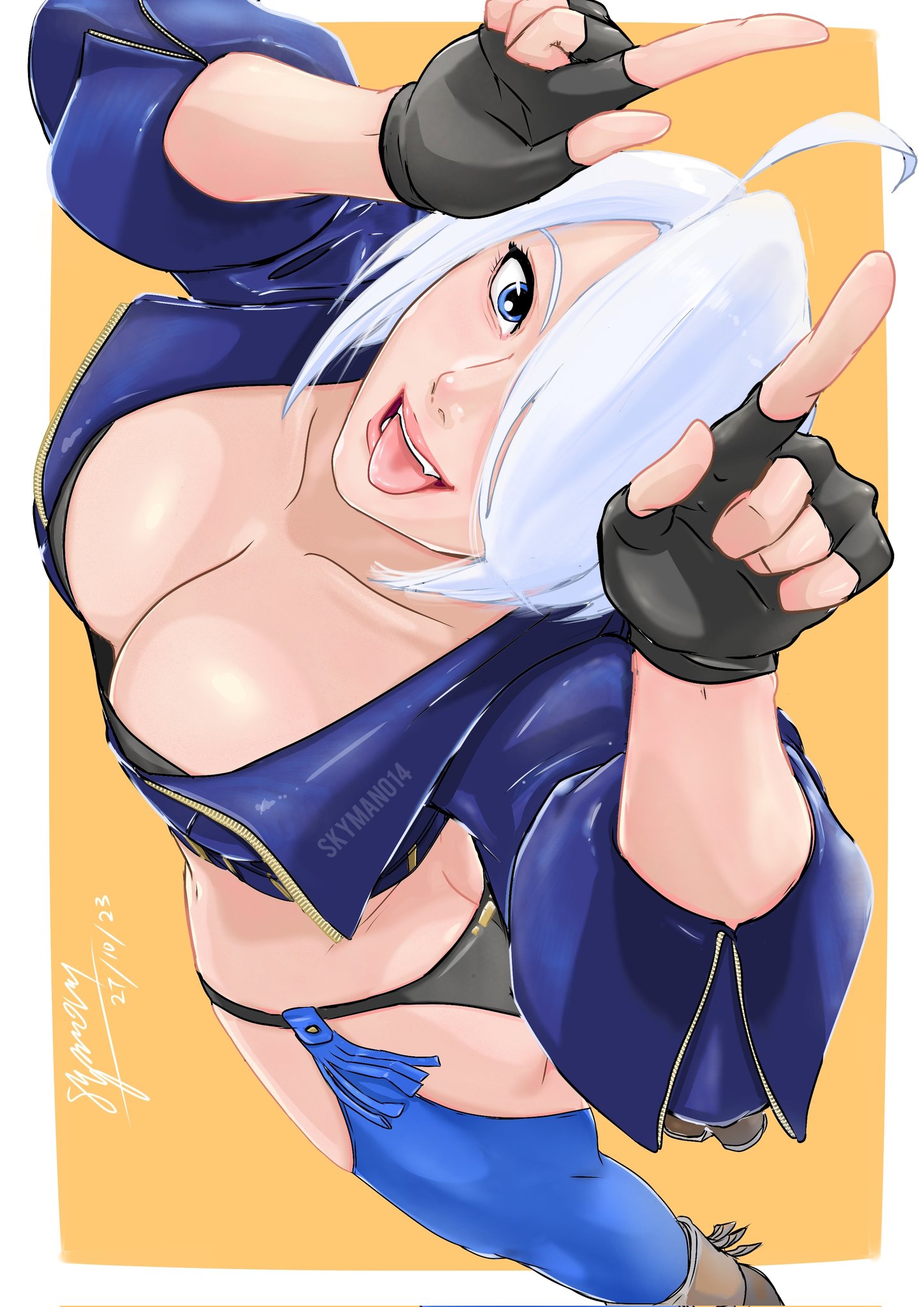 skyman014, angel (kof), the king of fighters, 1girl, ass, blue eyes, boots, breasts, butt crack, cleavage, curvy, female focus, gloves, hands up, huge ass, huge breasts, large breasts, leather, looking at viewer, pale skin, short hair, smile, smiley face, standing, thick thighs, thighs, tongue, tongue out, white hair, wide hips