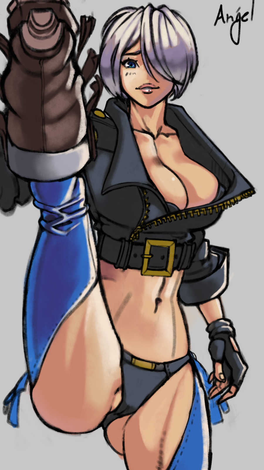 angel (kof), the king of fighters, 1girl, ailcross, blue eyes, boots, breasts, cameltoe, flexible, gloves, huge breasts, jacket, large breasts, leather, leather jacket, legs up, looking at viewer, pale skin, panties, pussy, short hair, thick thighs, thighs, tight clothes, underwear, white hair