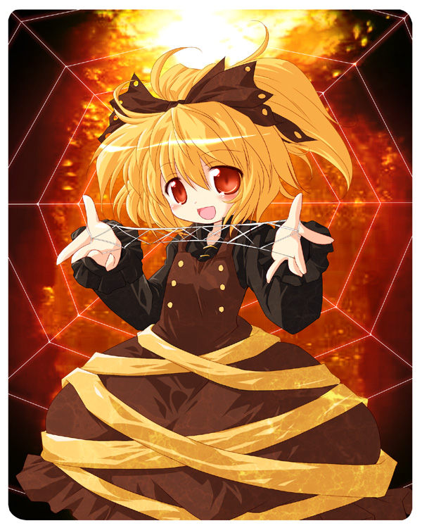 nisu, kurodani yamame, touhou, colorized, 1girl, blonde hair, blush, bow, cat's cradle, female focus, hair bow, long hair, looking at viewer, open mouth, ponytail, red eyes, silk, smile, solo, spider web