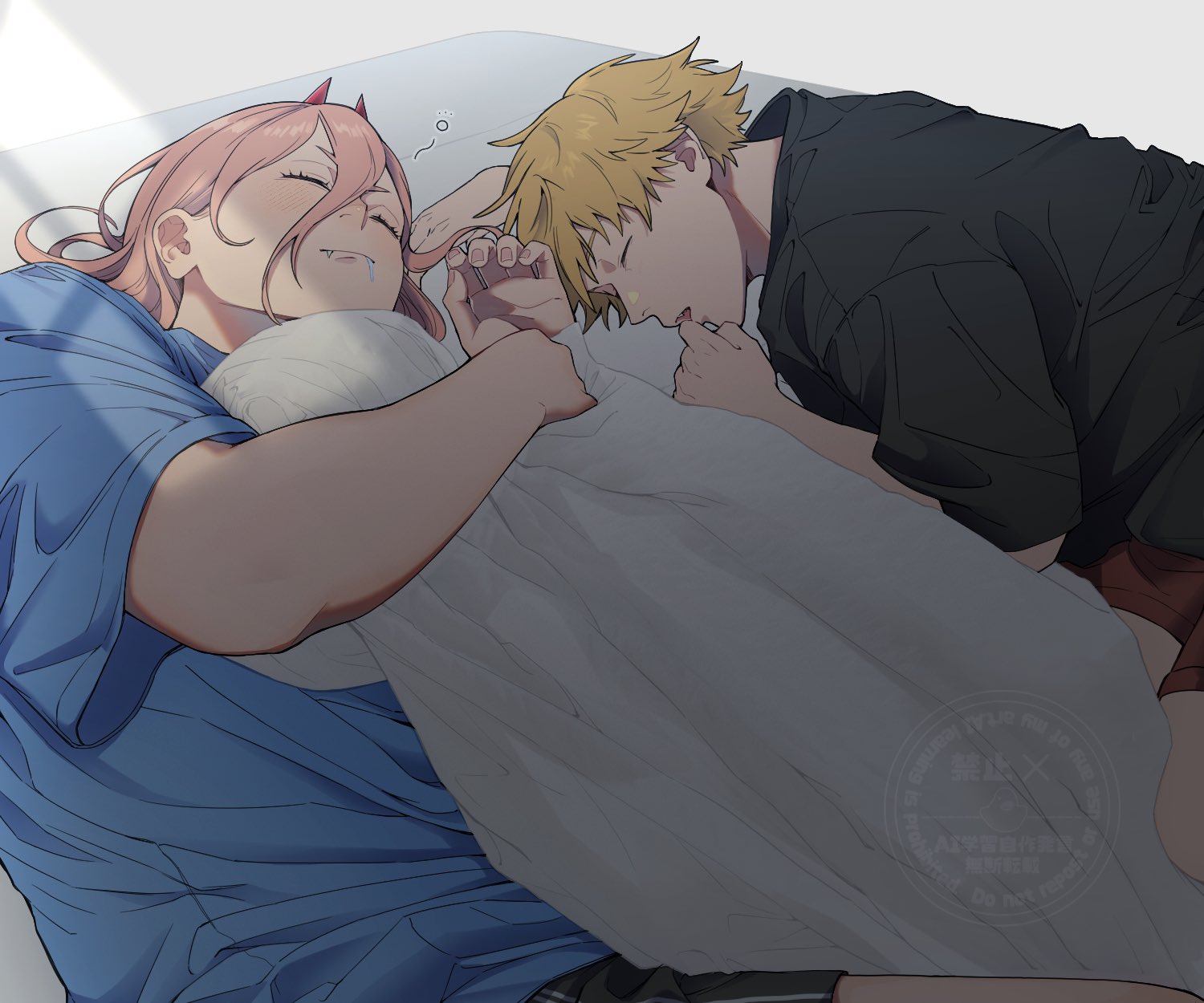 denji (chainsaw man), power (chainsaw man), chainsaw man, highres, 1boy, 1girl, black shirt, black shorts, blonde hair, blue shirt, brown shorts, closed eyes, demon girl, drooling, fang, fang out, hair between eyes, horns, long hair, mouth drool, okiba0, parted lips, pink hair, red horns, shirt, short hair, shorts, sleeping, t-shirt