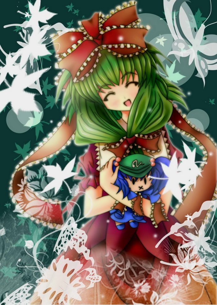 bondson, kagiyama hina, kawashiro nitori, touhou, bad id, bad pixiv id, 1girl, ^ ^, arm ribbon, character doll, closed eyes, doll, female focus, front ponytail, green hair, hair ribbon, happy, head tilt, holding, long hair, open mouth, ribbon, smile, solo, two side up, x mouth