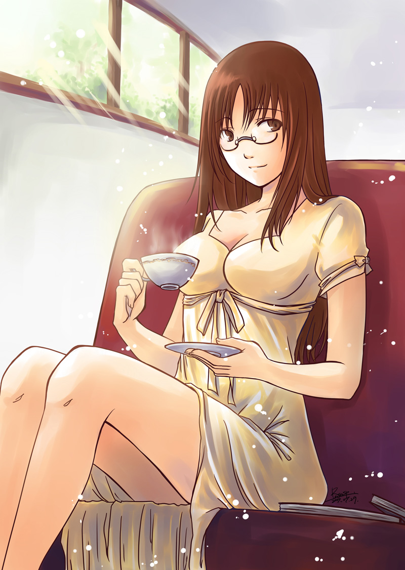 rainsp, yamanaka sawako, k-on!, bad id, bad pixiv id, 00s, 1girl, breasts, brown eyes, brown hair, couch, cup, dress, female focus, glasses, indoors, long hair, saucer, sitting, solo, teacup