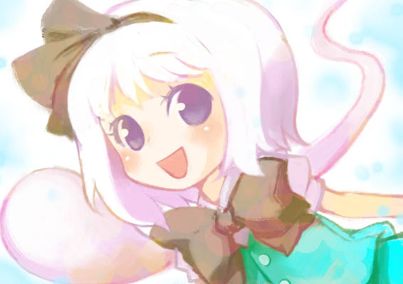 nowo, konpaku youmu, konpaku youmu (ghost), touhou, silver hair, 1girl, black bow, black bowtie, blue eyes, blush, bow, bowtie, chibi, female focus, floating, ghost, hitodama, looking at viewer, solo, tareme