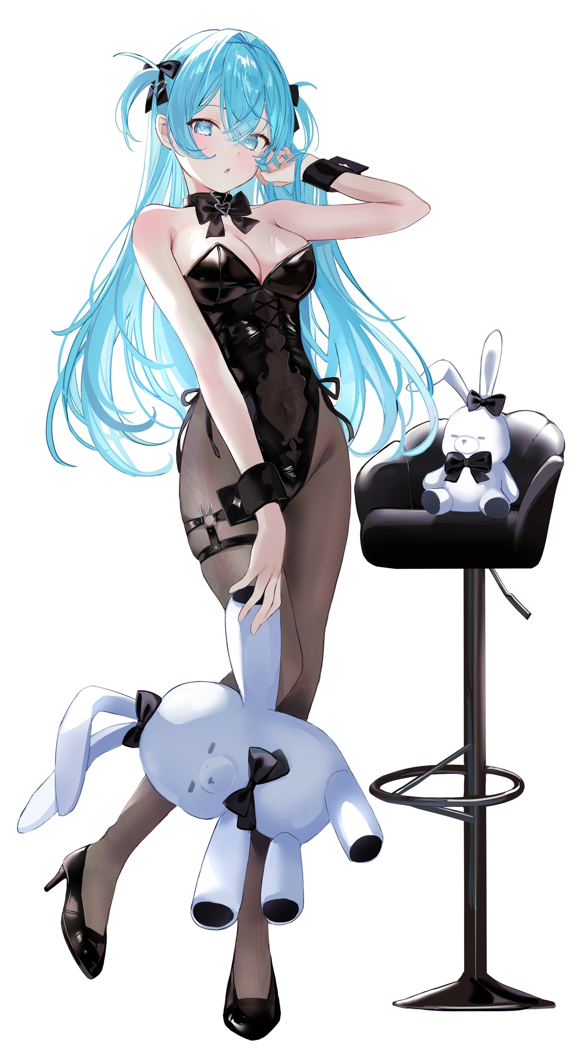 haruhiruri, original, commentary, english commentary, highres, 1girl, arm up, bare shoulders, black bow, black bowtie, black leotard, black wrist cuffs, blue eyes, blue hair, blush, bow, bowtie, breasts, brown pantyhose, cleavage, covered groin, covered navel, criss-cross strings, crossed bangs, full body, hair between eyes, hair bow, hair intakes, hand in own hair, high heels, holding, holding stuffed toy, legs, leotard, long hair, looking at viewer, medium breasts, pantyhose, parted lips, playboy bunny, shirt, side-tie leotard, sidelocks, simple background, solo, standing, standing on one leg, stool, stuffed animal, stuffed toy, teddy bear, thigh strap, thighs, two side up, very long hair, white shirt, wrist cuffs