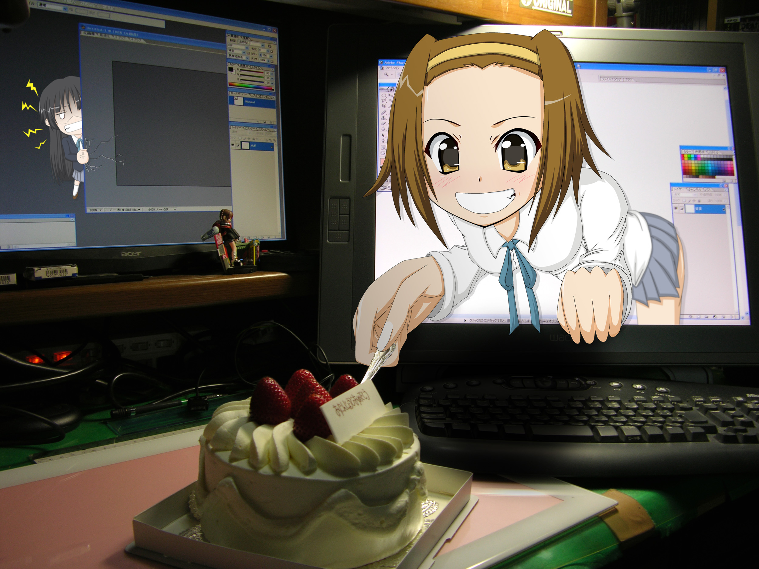 su-35 (artist), akiyama mio, tainaka ritsu, k-on!, microsoft windows, wacom, windows xp, highres, 00s, 2girls, anger vein, birthday, cake, clenched teeth, computer, computer keyboard, crack, food, fourth wall, grin, hairband, multiple girls, pastry, school uniform, smile, teeth, through medium, through screen