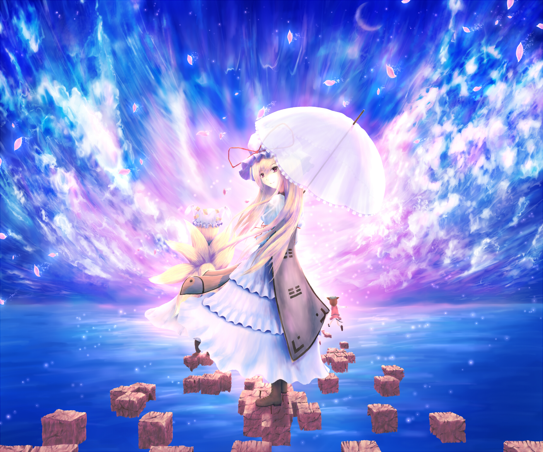 soori, chen, yakumo ran, yakumo yukari, touhou, stone, bad id, bad pixiv id, highres, 3girls, animal ears, animal hat, blonde hair, boots, brown hair, cat ears, cat girl, cat tail, female focus, fox ears, fox tail, hat, hat ribbon, holding, long hair, mob cap, multiple girls, multiple tails, ribbon, short hair, sky, tail, umbrella