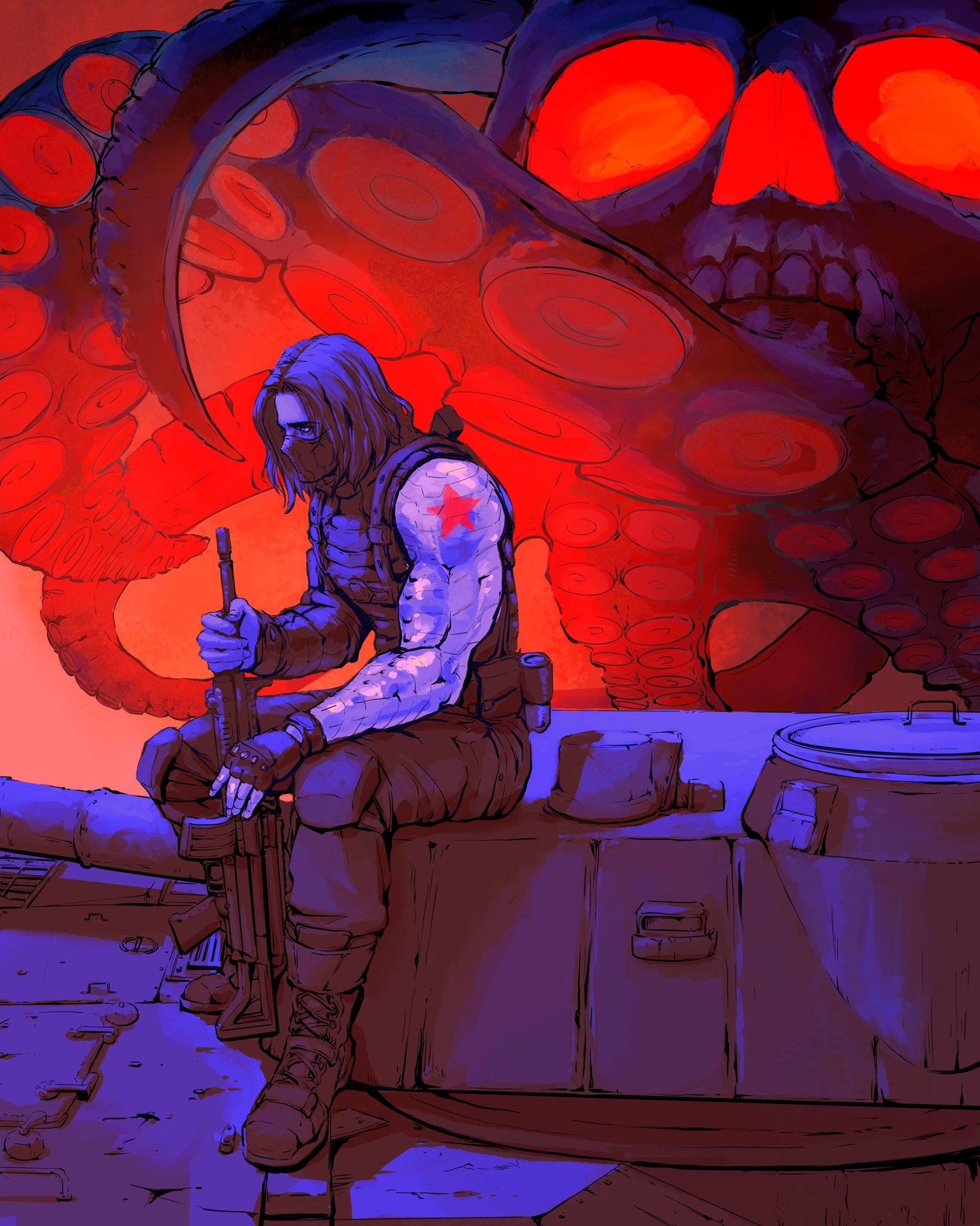 aolihui art, bucky barnes, winter soldier, captain america (series), marvel, highres, photoshop (medium), 1boy, black gloves, boots, captain america: the winter soldier, fingerless gloves, full body, gloves, gun, holding, holding gun, holding weapon, machine gun, male focus, mask, mechanical arms, military uniform, mouth mask, parted bangs, prosthesis, prosthetic arm, single mechanical arm, sitting, solo, weapon