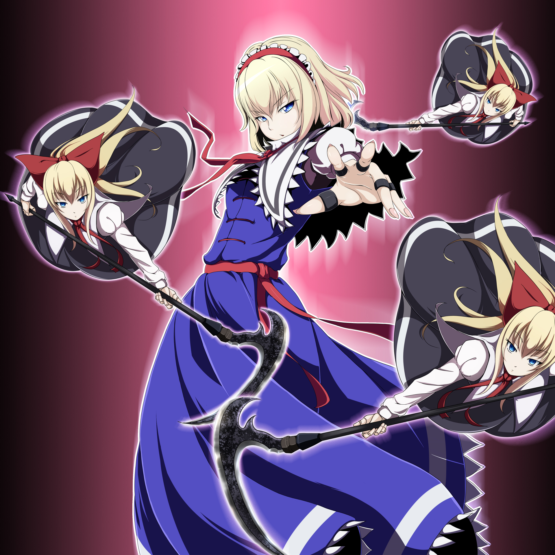 nikka (cryptomeria), alice margatroid, shanghai doll, touhou, bad id, bad pixiv id, highres, 4girls, blonde hair, blue eyes, doll, female focus, gradient background, multiple girls, polearm, ribbon, short hair, solo, standing, weapon