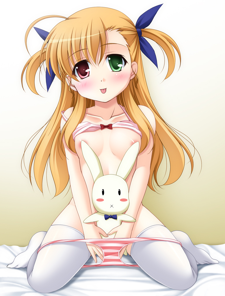 narutaki shin, sacred heart, vivio, lyrical nanoha, mahou shoujo lyrical nanoha, mahou shoujo lyrical nanoha strikers, mahou shoujo lyrical nanoha vivid, 00s, 10s, 1girl, :p, ahoge, blonde hair, blush, bra, bra lift, censored, clothes lift, convenient censoring, female focus, green eyes, hair ribbon, heterochromia, lingerie, long hair, panties, panty pull, red eyes, ribbon, solo, striped clothes, striped panties, stuffed animal, stuffed rabbit, stuffed toy, thighhighs, tongue, tongue out, twintails, two side up, underwear, underwear only
