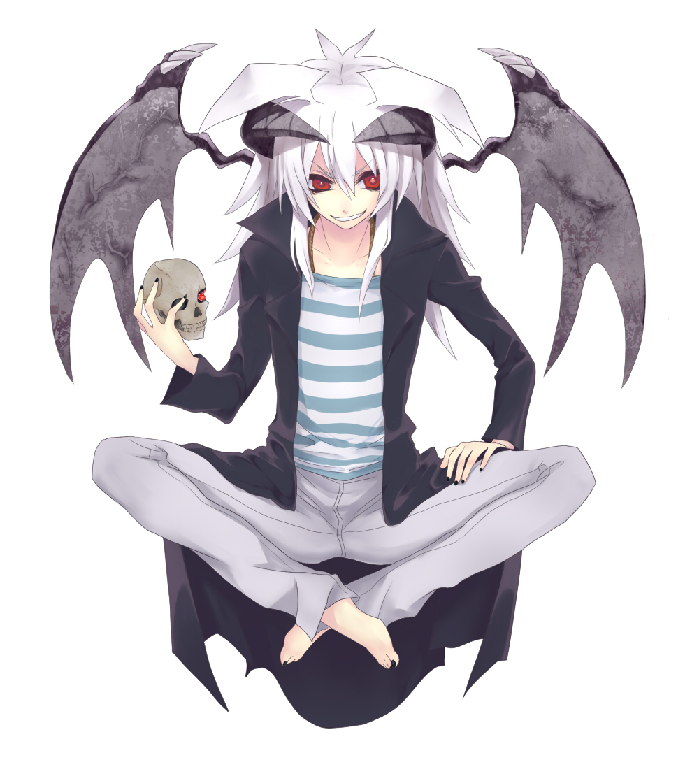 npk-you (pixiv552479), okura shinji, bakura ryou, yami bakura, yu-gi-oh!, yu-gi-oh! duel monsters, bad id, bad pixiv id, 1boy, barefoot, bat wings, coat, feet, grin, horns, jacket, male focus, nail polish, red eyes, skull, smile, solo, teeth, toenail polish, toenails, white hair, wings