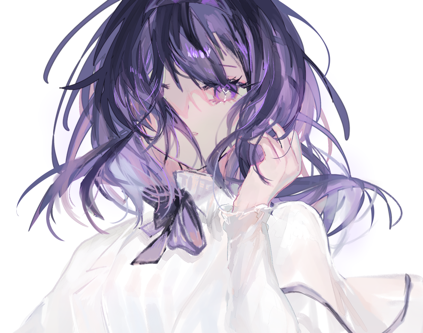 fumi (rdbm), priestess (arknights), arknights, commentary request, partial commentary, 1girl, black hair, black ribbon, diamond in eye, floating hair, hair between eyes, hand in own hair, hand up, long hair, long sleeves, looking at viewer, neck ribbon, one eye covered, parted lips, purple eyes, purple hair, ribbon, shirt, simple background, solo, turtleneck, turtleneck shirt, upper body, white background, white shirt