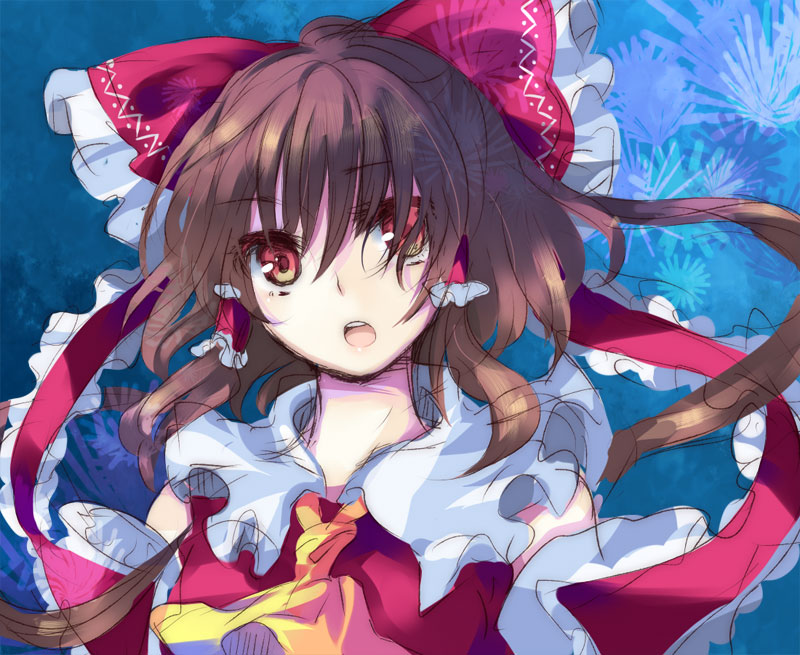 yatosaki haru, hakurei reimu, touhou, bad id, bad pixiv id, 1girl, bow, brown hair, female focus, hair bow, japanese clothes, miko, open mouth, red eyes, sketch, solo