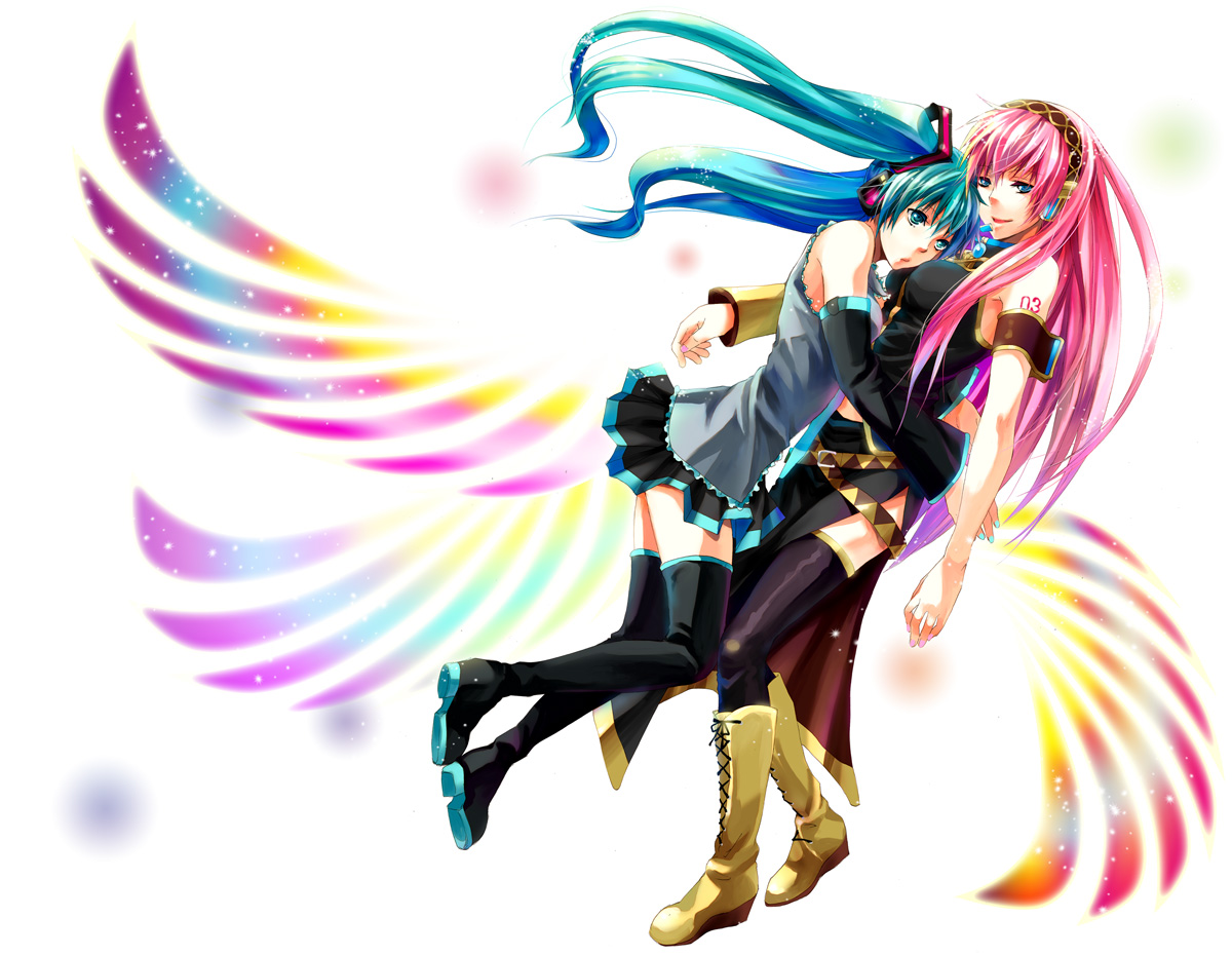 izk, hatsune miku, megurine luka, vocaloid, bad id, bad pixiv id, 2girls, aqua eyes, aqua hair, blue eyes, boots, detached sleeves, headphones, headset, hug, long hair, multiple girls, necktie, pink hair, skirt, smile, thighhighs, twintails, zettai ryouiki