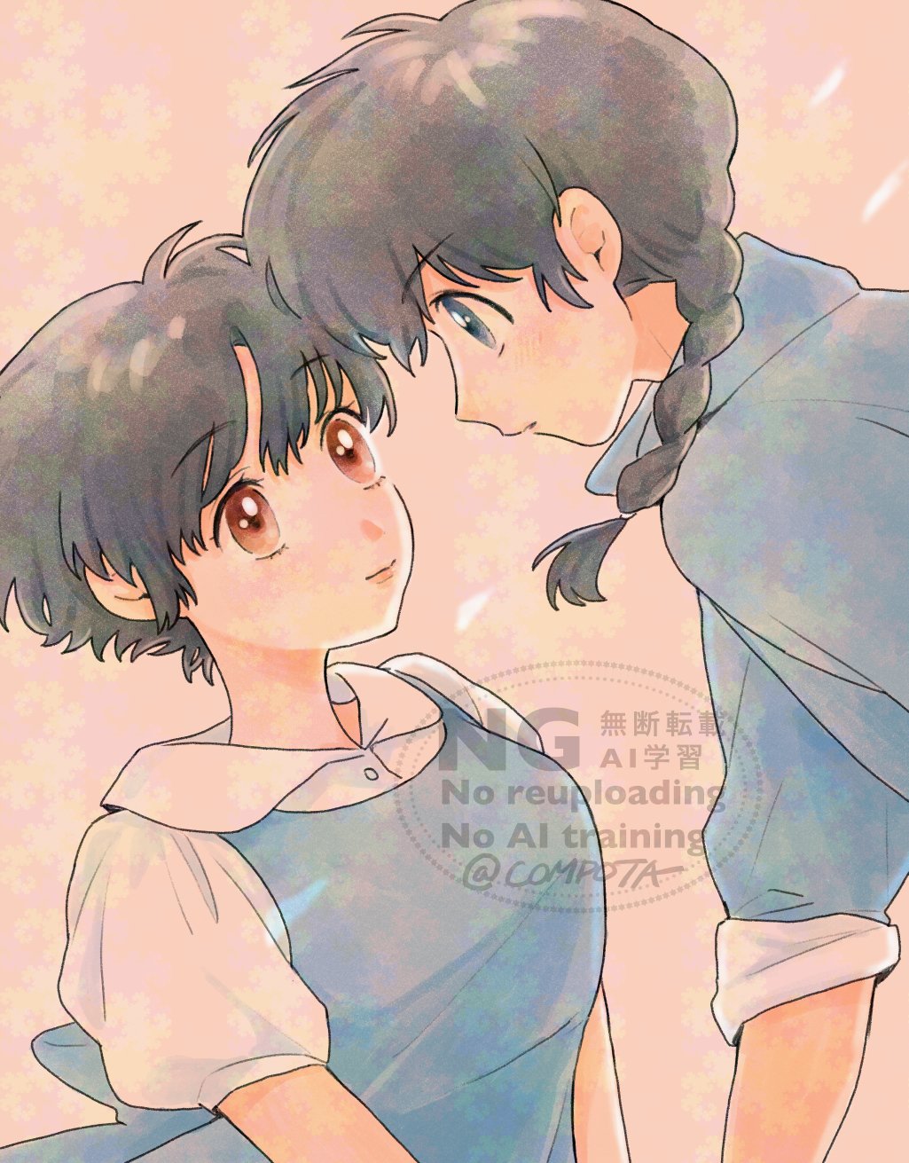 con sonne, saotome ranma, tendou akane, ranma 1/2, commentary, highres, 1boy, 1girl, artist name, black hair, blue dress, braid, brown eyes, closed mouth, dress, expressionless, eye contact, grey eyes, looking at another, puffy short sleeves, puffy sleeves, school uniform, short hair, short sleeves, single braid, upper body, watermark
