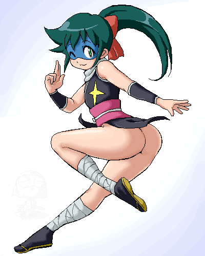 isu, azumaya koyuki, keroro gunsou, lowres, 1girl, ass, female focus, green hair, mask, ninja, no panties, oekaki, one eye closed, ponytail, ribbon, solo, when you see it, wink