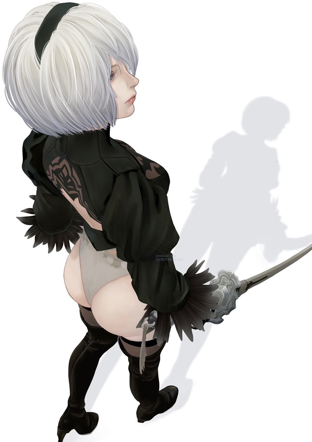 mitsuki nite, 2b (nier:automata), nier:automata, nier (series), highres, 1girl, ass, back cutout, black boots, black gloves, black hairband, black thighhighs, blue eyes, boots, breasts, closed mouth, clothing cutout, feather trim, from above, full body, gloves, grey hair, hair over one eye, hairband, heattech leotard, high heel boots, high heels, holding, holding sword, holding weapon, juliet sleeves, leotard, long sleeves, medium breasts, puffy sleeves, shadow, short hair, solo, sword, thigh boots, thighhighs, turtleneck, weapon, white background, white leotard