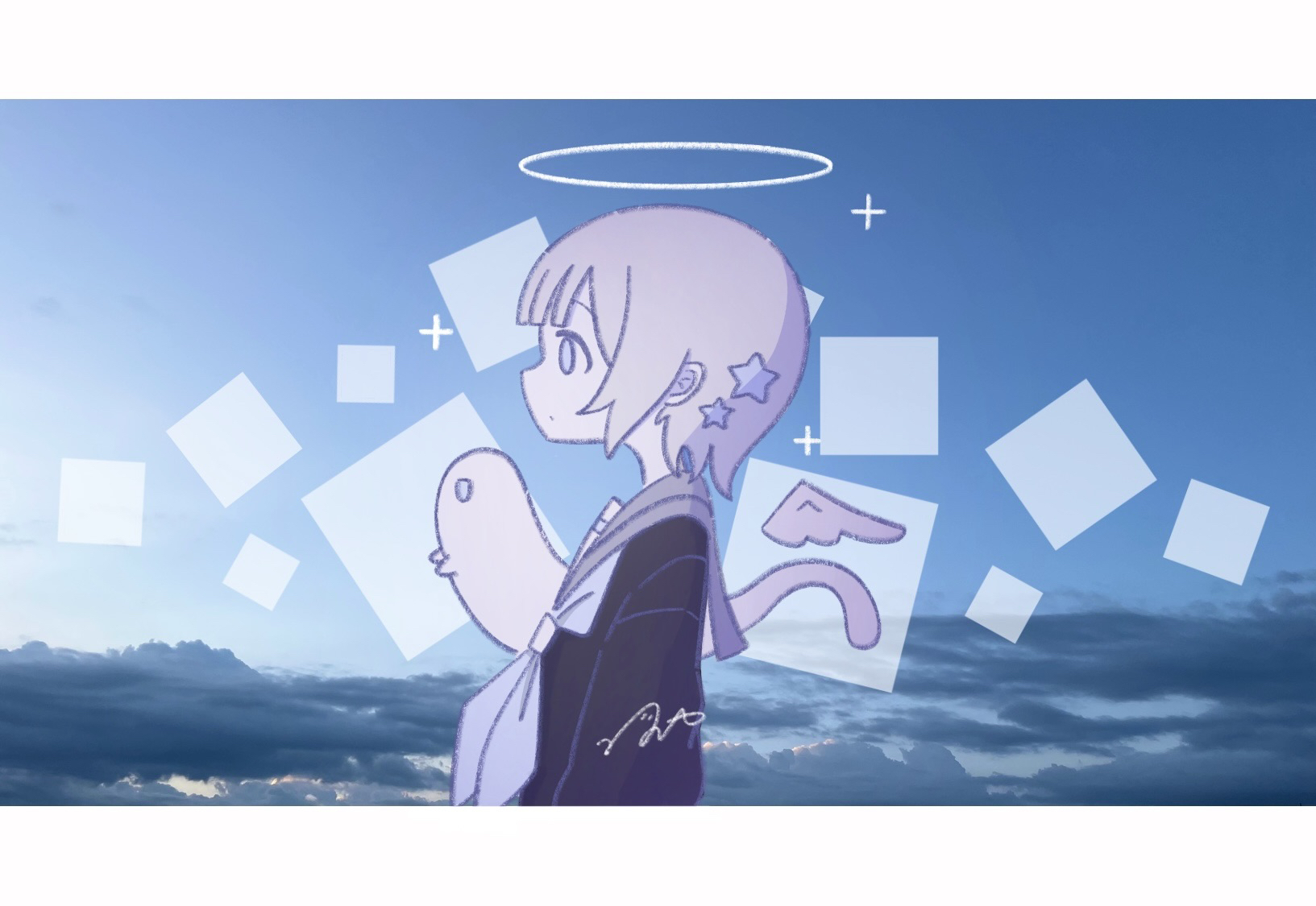 omochi noa, original, highres, 1girl, angel, angel wings, black shirt, detached wings, from side, ghost, grey sailor collar, halo, letterboxed, mini wings, profile, sailor collar, school uniform, serafuku, shirt, short hair, signature, traditional halo, upper body, wings