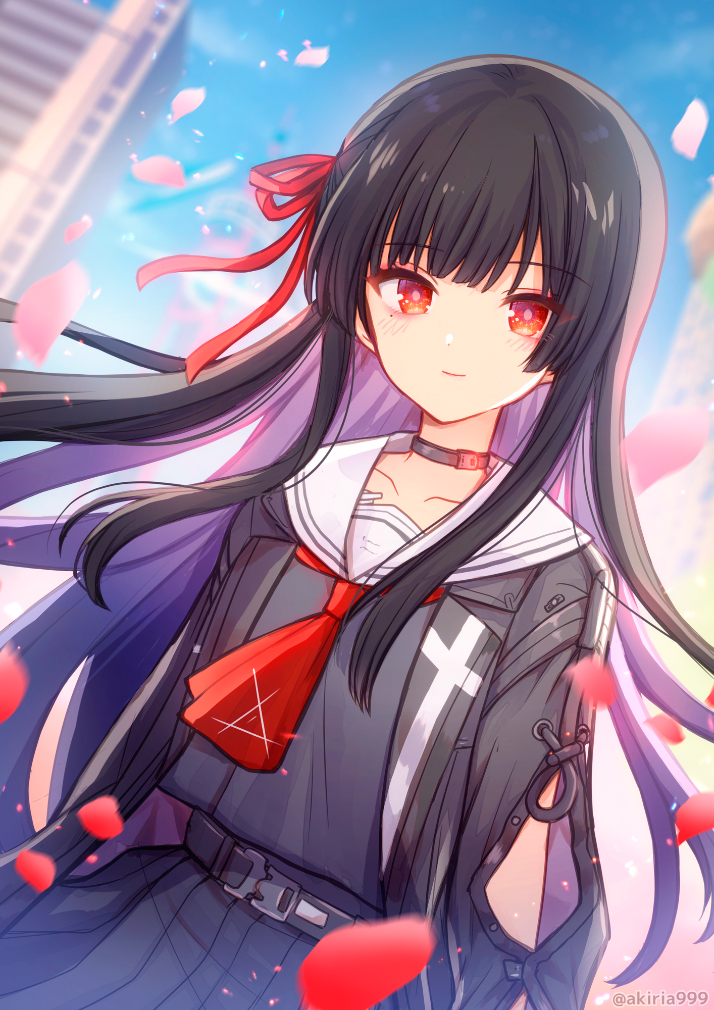 akitsuki ria, chisa (wuthering waves), wuthering waves, commentary request, highres, making-of available, 1girl, arm cutout, black choker, black hair, black jacket, black serafuku, black shirt, black skirt, blue sky, choker, closed mouth, clothing cutout, collarbone, colored inner hair, day, hair ribbon, jacket, long hair, long sleeves, looking at viewer, multicolored hair, neckerchief, outdoors, pink petals, purple hair, red eyes, red neckerchief, red petals, red ribbon, ribbon, sailor collar, school uniform, serafuku, shirt, skirt, sky, smile, solo, twitter username, white sailor collar