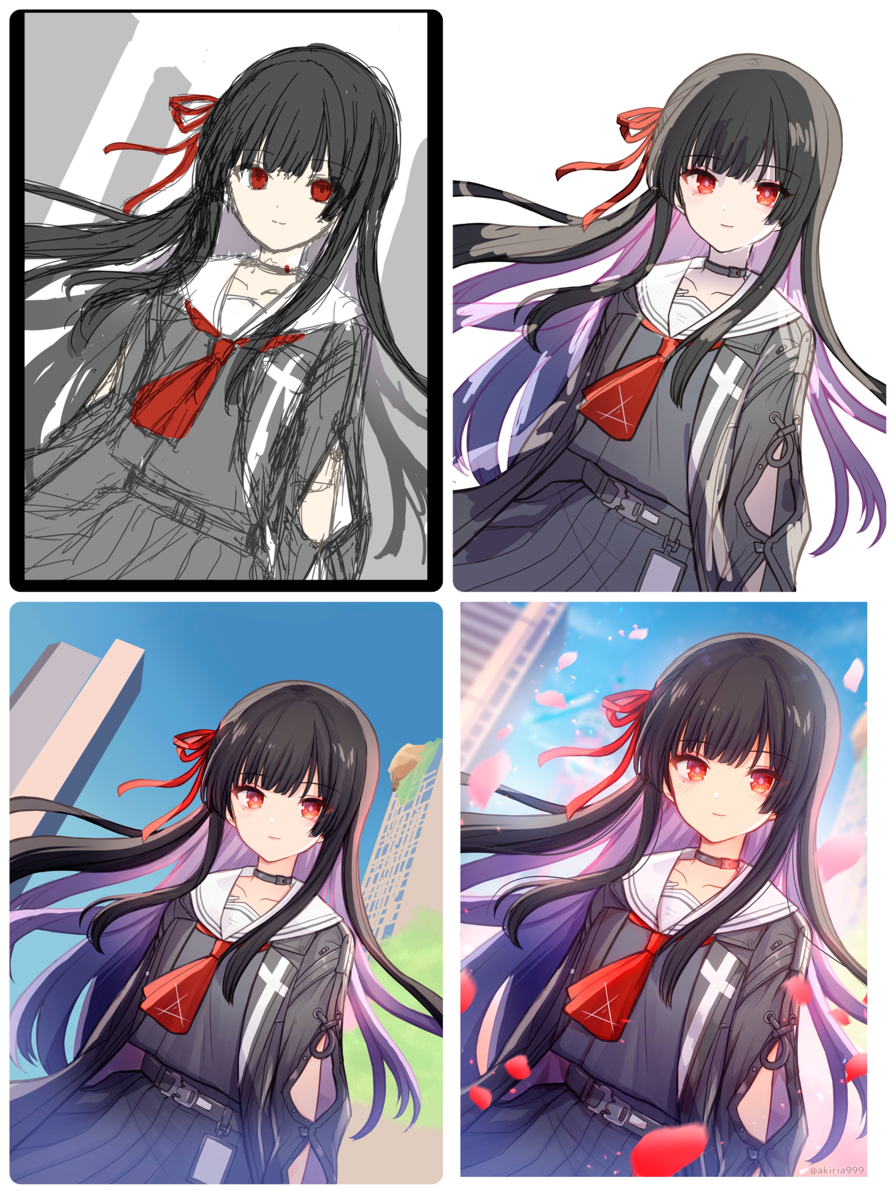 akitsuki ria, chisa (wuthering waves), wuthering waves, absurdres, commentary request, highres, making-of, 1girl, arm cutout, black choker, black hair, black jacket, black serafuku, black shirt, black skirt, blue sky, choker, closed mouth, clothing cutout, collarbone, colored inner hair, day, hair ribbon, jacket, long hair, long sleeves, looking at viewer, multicolored hair, neckerchief, outdoors, pink petals, purple hair, red eyes, red neckerchief, red petals, red ribbon, ribbon, sailor collar, school uniform, serafuku, shirt, skirt, sky, smile, solo, twitter username, white sailor collar