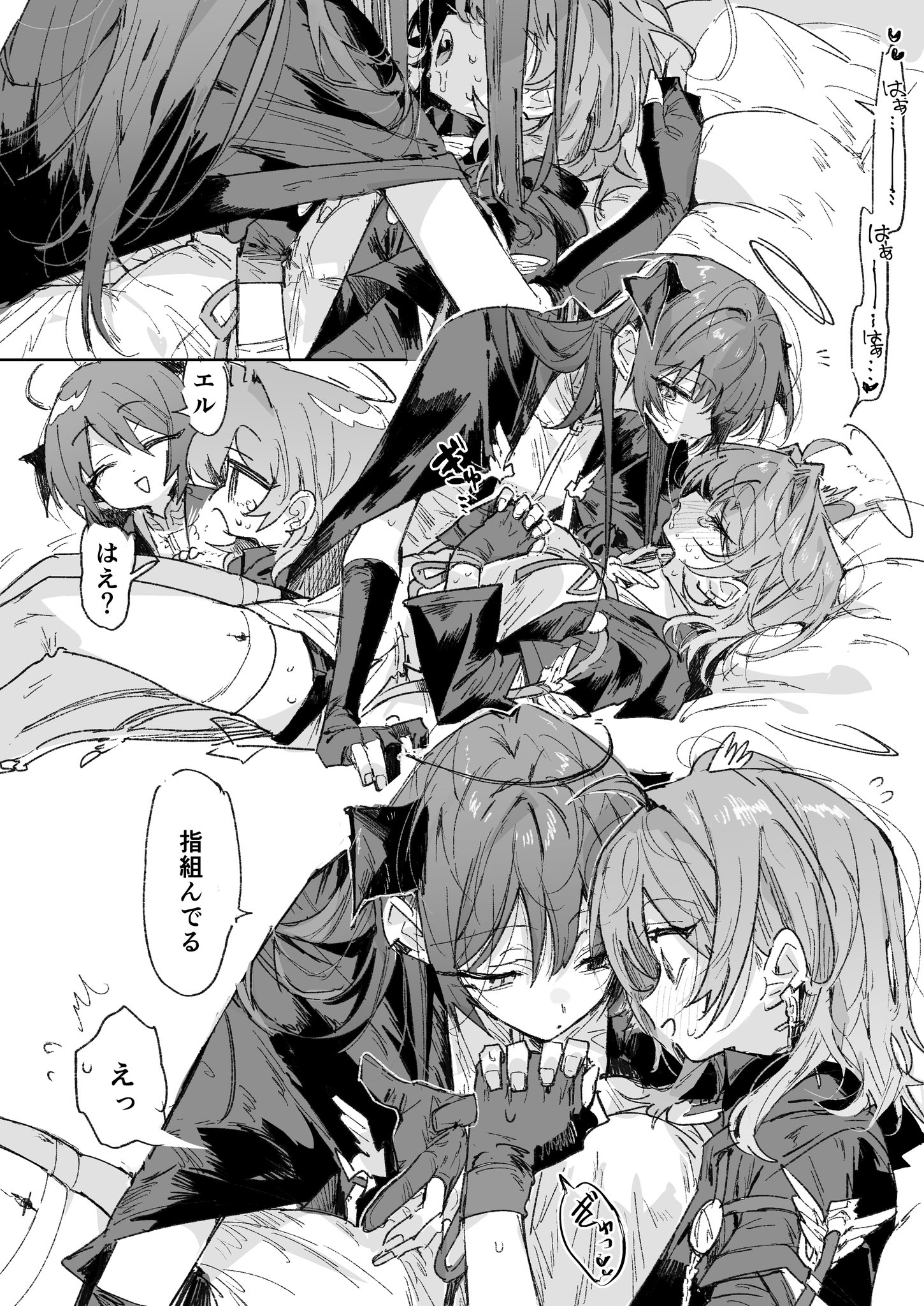 na tarapisu153, exusiai (arknights), mostima (arknights), arknights, highres, 2girls, blush, flying sweatdrops, gloves, greyscale, halo, horns, long hair, monochrome, multiple girls, on bed, own hands together, partially fingerless gloves, saliva, smile, sweat, thighhighs, yuri