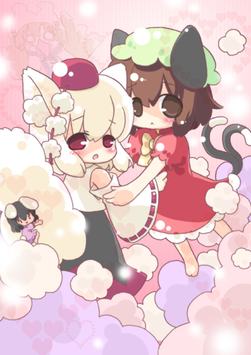 kasane, chen, inaba tewi, inubashiri momiji, yakumo ran, touhou, 3girls, animal ears, cat ears, cat girl, cat tail, diamond mouth, dress, female focus, fox ears, fox tail, hat, multiple girls, multiple tails, rabbit ears, rabbit girl, rabbit tail, skirt, tail, tokin hat, two tails, wolf ears