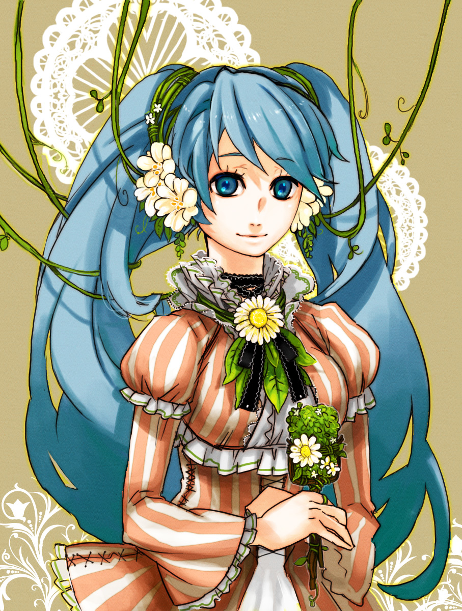 monta, hatsune miku, vocaloid, highres, 1girl, aqua eyes, aqua hair, dress, female focus, flower, long hair, smile, solo, twintails