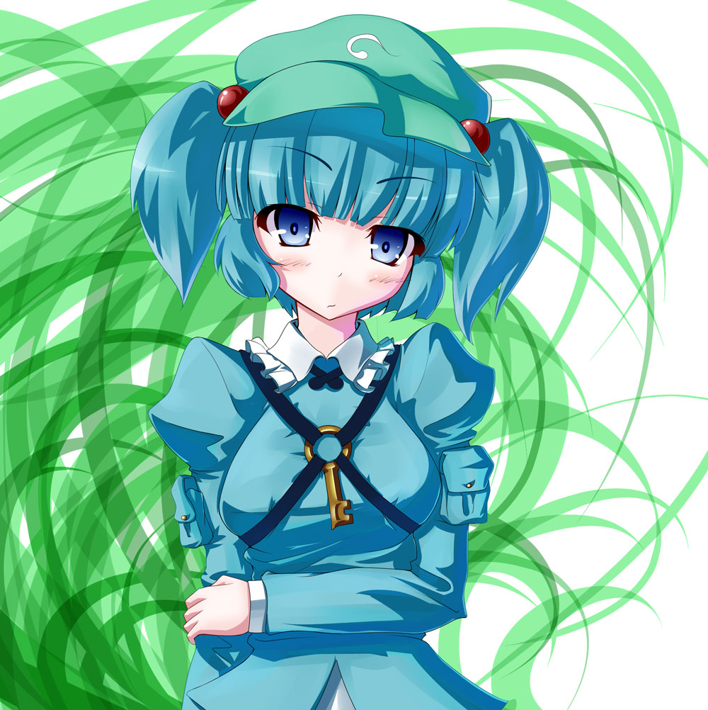 tama (pixiv), tama (speedgrapher), kawashiro nitori, touhou, 1girl, :/, blue eyes, blue hair, blunt bangs, breasts, female focus, hair bobbles, hair ornament, hat, holding own arm, key, matching hair/eyes, short hair, sidelocks, solo, twintails, two side up, upper body, wavy mouth