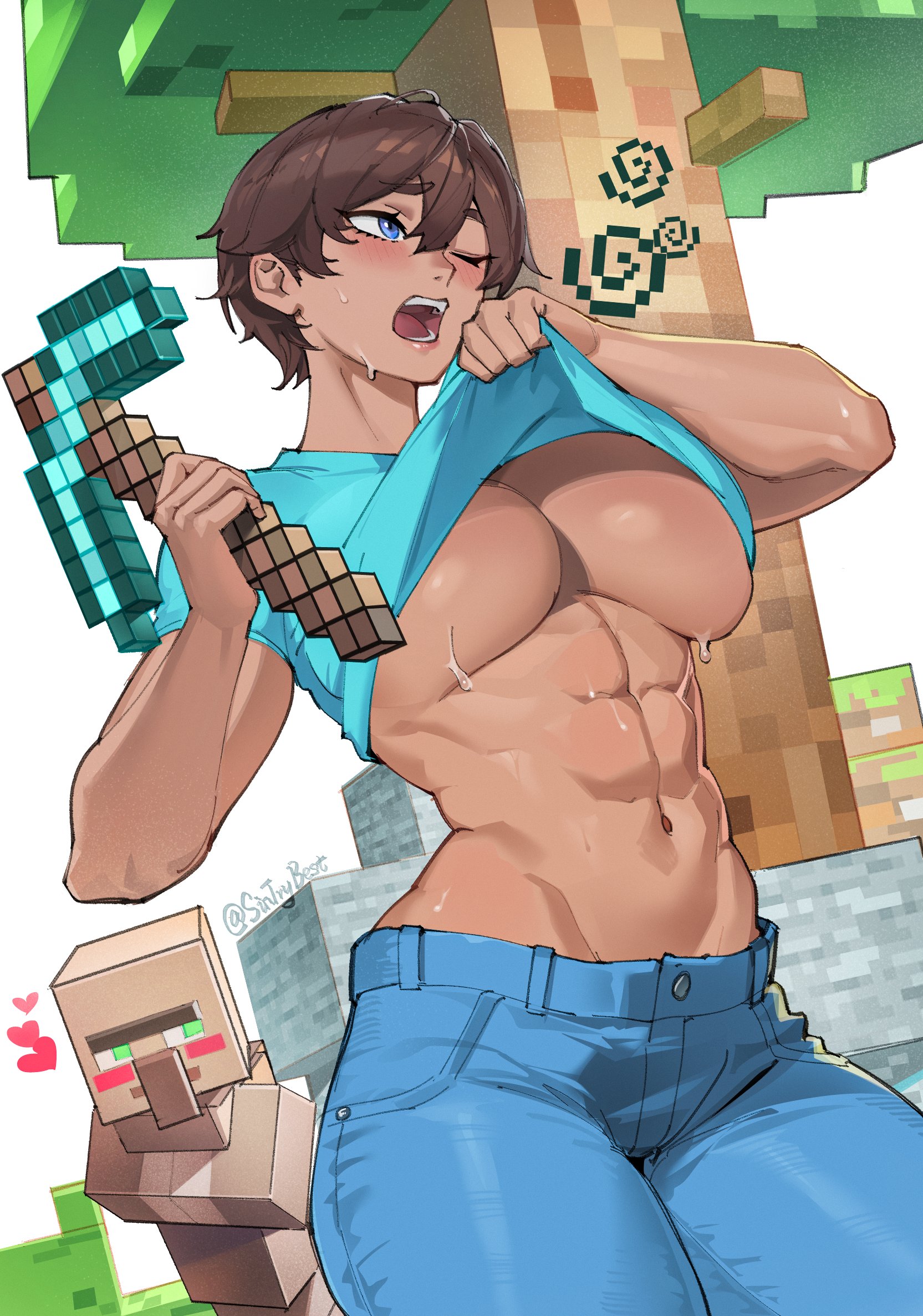 sin (sintrybest), steve (minecraft), villager (minecraft), minecraft, commentary, english commentary, highres, 1girl, abs, aqua shirt, block (minecraft), blue eyes, blue pants, blush, breasts, brown hair, clothes lift, cowboy shot, dark-skinned female, dark skin, denim, double-parted bangs, genderswap, genderswap (mtf), hair between eyes, heart, holding, holding pickaxe, jeans, large breasts, legs together, lifting own clothes, minecraft pickaxe, muscular, muscular female, navel, no bra, one eye closed, open mouth, pants, pickaxe, shirt, shirt lift, short hair, short sleeves, solo focus, standing, sweat, t-shirt, tomboy, tree, twitter username, wiping sweat