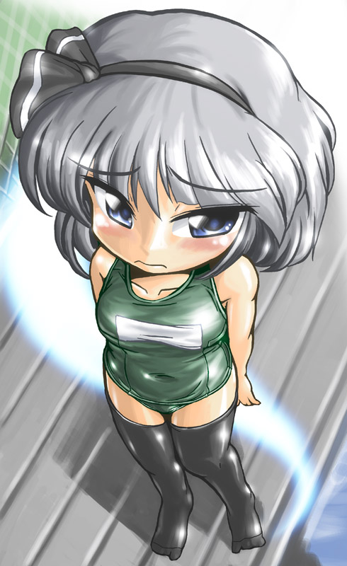 winn, konpaku youmu, konpaku youmu (ghost), touhou, silver hair, 1girl, black thighhighs, blue eyes, blush, female focus, ghost, green one-piece swimsuit, hairband, one-piece swimsuit, school swimsuit, short hair, solo, swimsuit, thighhighs