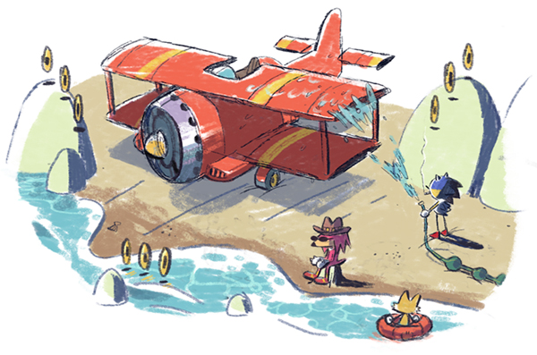 matt braly, classic sonic, knuckles the echidna, knuckles the echidna (treasure hunter), sonic the hedgehog, tails (sonic), sonic (series), sonic the hedgehog (classic), aircraft, airplane, beach, biplane, cigar, furry, furry male, glasses, hat, ring (sonic), vehicle focus
