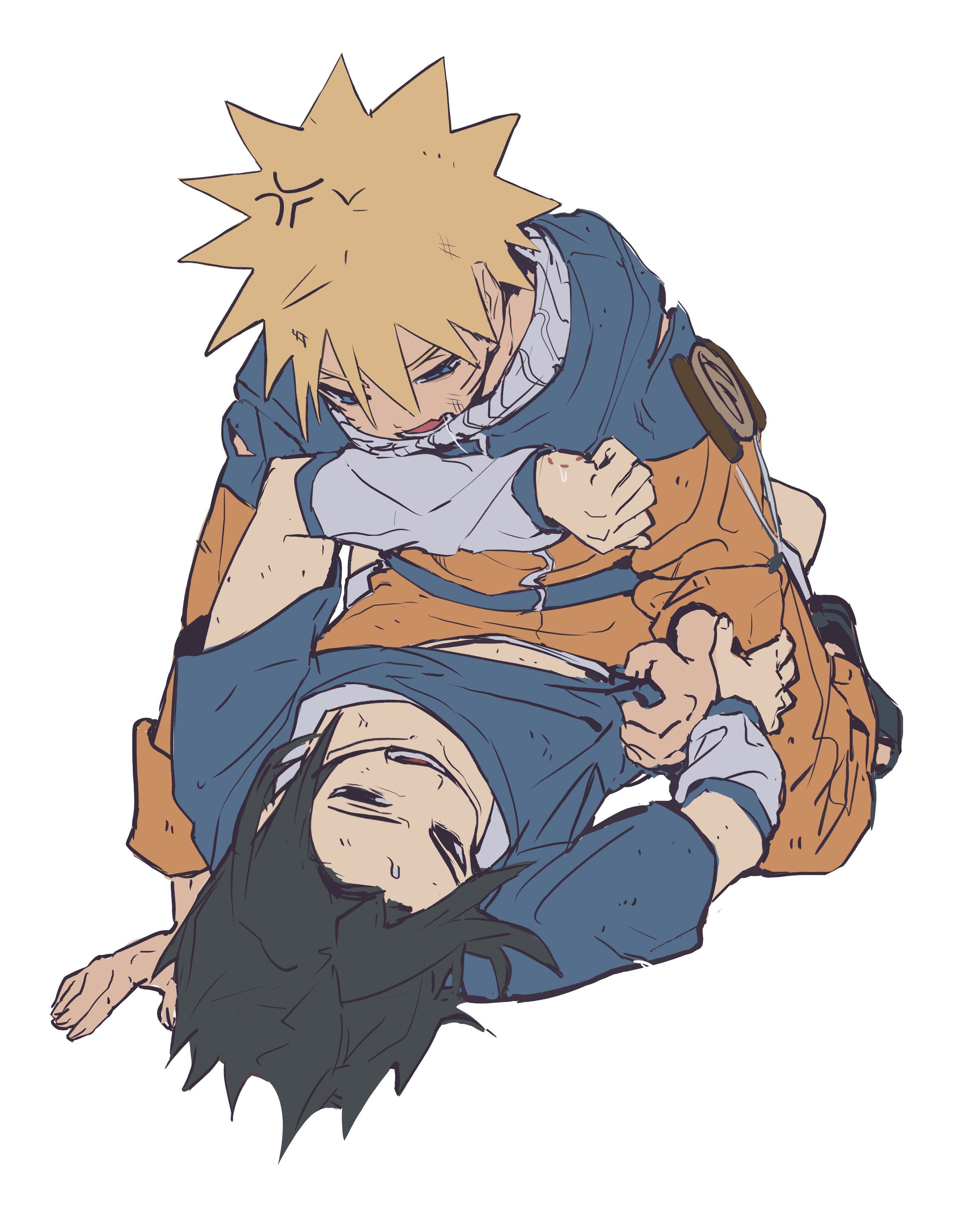 uchiha sasuke, uzumaki naruto, naruto (series), absurdres, highres, 2boys, anger vein, black hair, blonde hair, blue shirt, cf nrt, detached sleeves, dirty, dirty clothes, dirty face, facial mark, fighting, furrowed brow, hair between eyes, jacket, jumpsuit, long sleeves, male focus, midriff peek, multiple boys, open-toe shoes, open mouth, orange jacket, orange jumpsuit, orange pants, pants, parted bangs, shirt, shoes, short hair, short sleeves, spiked hair, sweatdrop, whisker markings, white background, white shoes, white sleeves