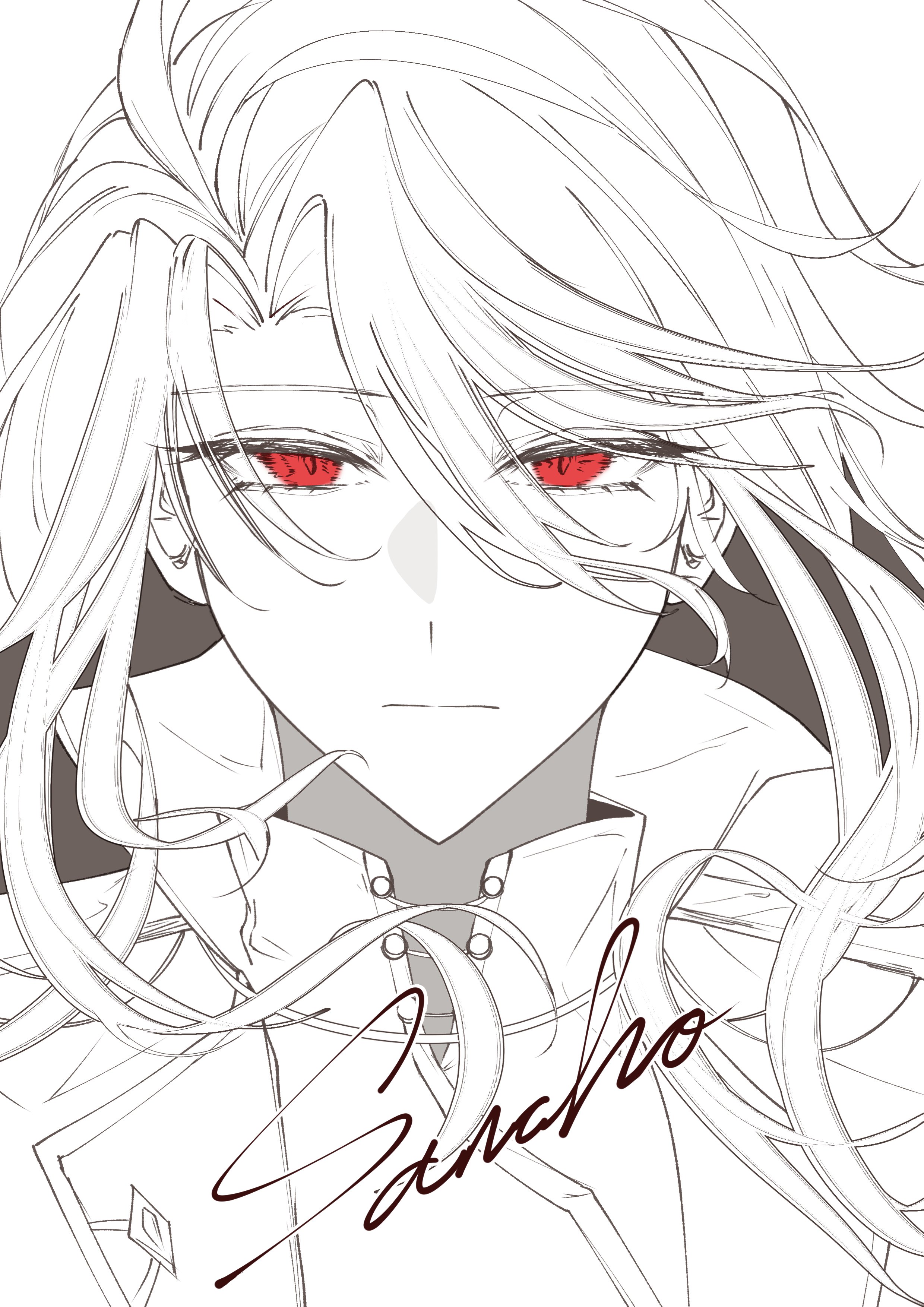 kaname ruri, don quixote (project moon), sancho (project moon), limbus company, project moon, absurdres, highres, 1girl, character name, greyscale, la manchaland (identity) (project moon), long hair, looking at viewer, monochrome, portrait, red eyes, solo, spot color