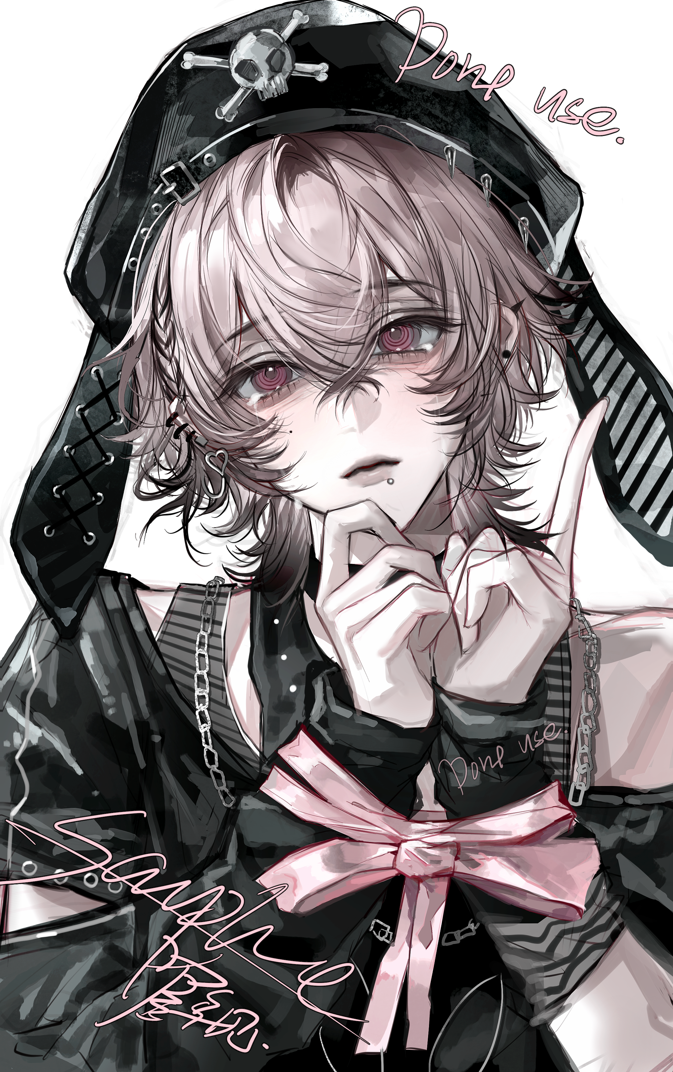 original, absurdres, commentary, commission, hashtag-only commentary, highres, symbol-only commentary, 1boy, androgynous, animal ear hairband, animal ears, arm warmers, bare shoulders, black hair, black shirt, bound, bound wrists, braid, chain, chain necklace, closed mouth, crossed bangs, earrings, face piercing, fake animal ears, grey shirt, hairband, hat, hejian zzz, index finger raised, jewelry, layered shirt, lip piercing, looking at viewer, male focus, medium hair, messy hair, mole, mole under eye, multicolored hair, necklace, off-shoulder shirt, off shoulder, piercing, pink eyes, pink hair, pink ribbon, rabbit ears, ribbon, shirt, side braid, skull and crossbones, solo, tearing up, two-tone hair, upper body, white background