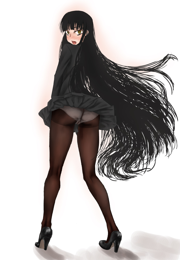 scharfschutze, female protagonist (houkago play), houkago play, 1girl, ass, black hair, blush, female focus, legs, long hair, looking back, panties, panties under pantyhose, pantyhose, pantyshot, skirt, solo, underwear, upskirt, very long hair, wind, wind lift