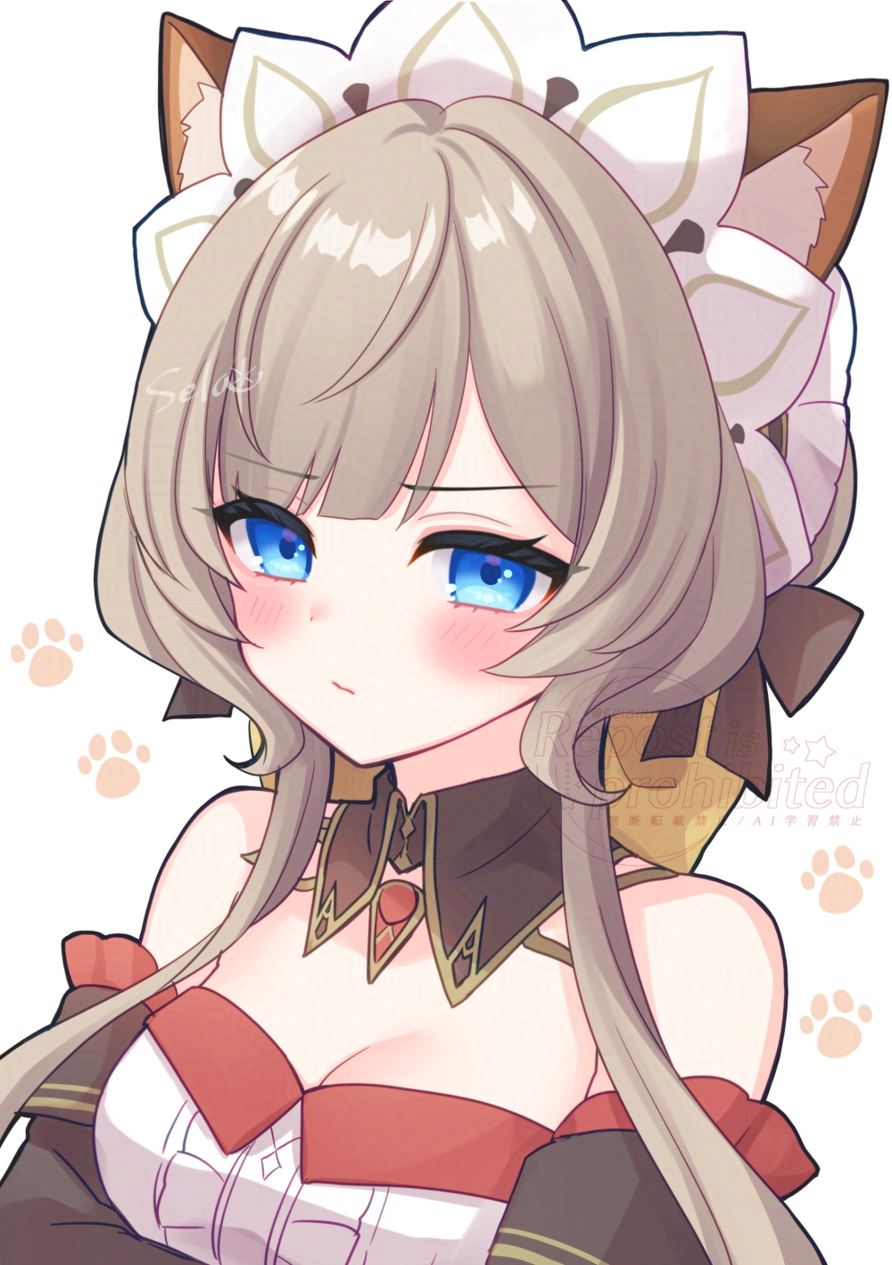 stardrop, sandrone (genshin impact), genshin impact, commentary request, highres, 1girl, :/, animal ear fluff, animal ears, bare shoulders, blue eyes, blush, breasts, brown hair, cat ears, cleavage, closed mouth, detached sleeves, kemonomimi mode, long hair, looking at viewer, simple background, solo, upper body, very long hair, watermark, white background