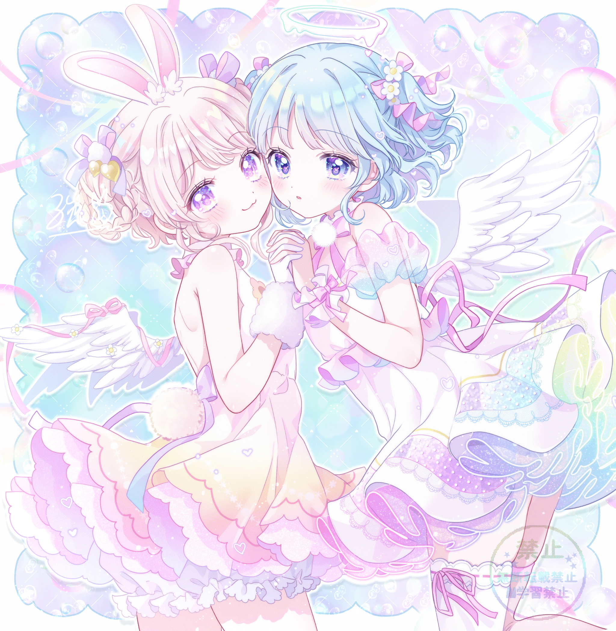 kousagi, original, highres, 2girls, angel, angel wings, animal ears, bare shoulders, blue eyes, blue hair, cheek-to-cheek, cowboy shot, dress, feathered wings, halo, heads together, holding hands, looking at viewer, melting halo, multiple girls, pink hair, purple eyes, rabbit ears, rabbit girl, rabbit tail, short dress, signature, sleeveless, sleeveless dress, tail, white wings, wings, wrist cuffs