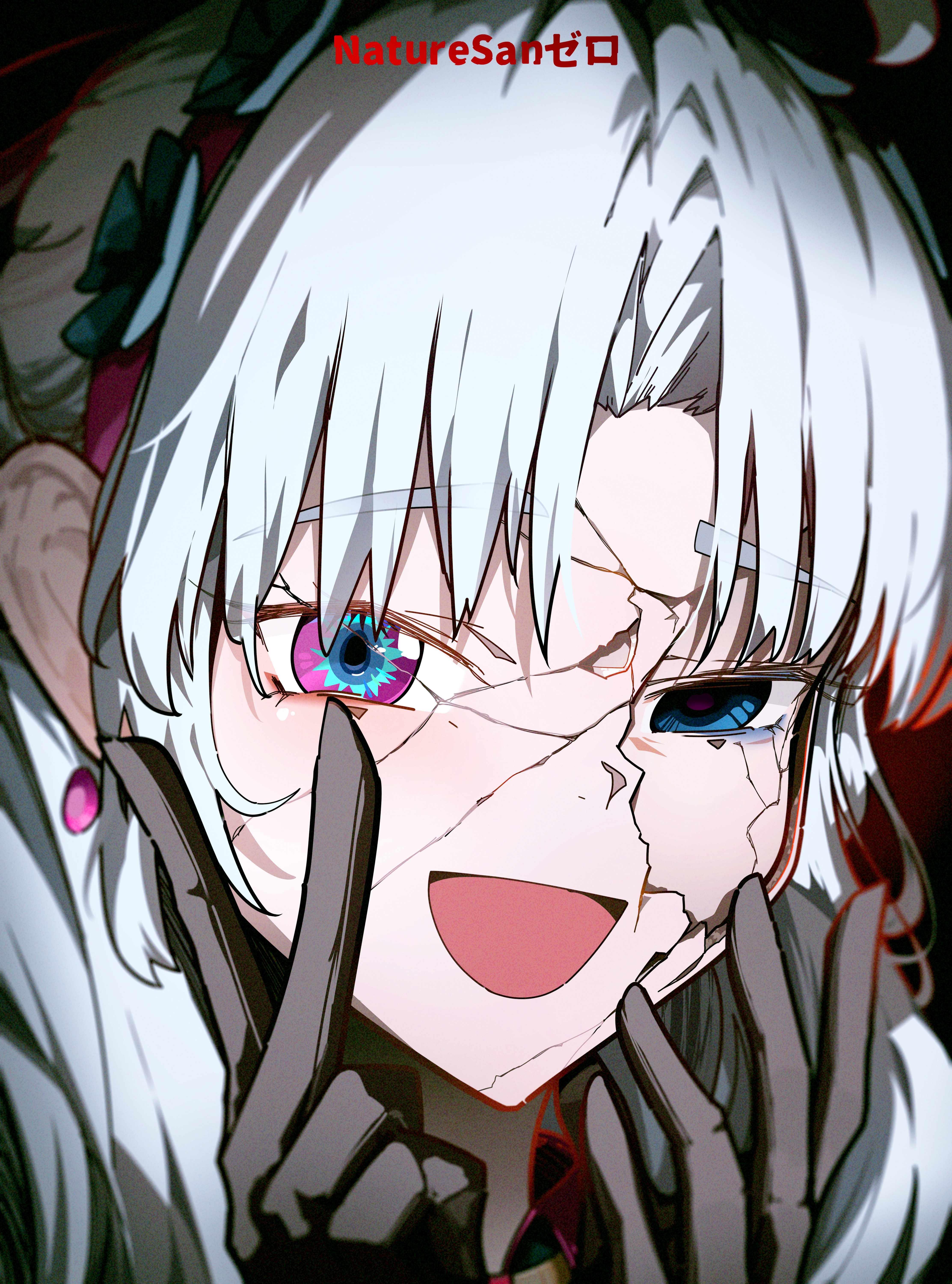 ryeon (naturesan), carlotta (wuthering waves), wuthering waves, absurdres, commentary, english commentary, highres, 1girl, :d, artist name, bags under eyes, black gloves, blue eyes, cracked kawaii mask, earrings, gloves, hairband, hands up, jewelry, long hair, looking at viewer, multicolored eyes, no pupils, open mouth, parted bangs, pink eyes, pink hairband, portrait, smile, solo, two-tone eyes