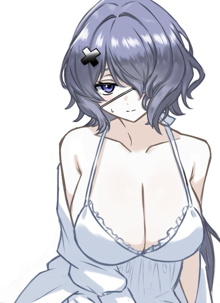 midori10, whisperain (arknights), arknights, commentary, symbol-only commentary, 1girl, babydoll, bare shoulders, breasts, cleavage, closed mouth, collarbone, eyepatch, grey hair, hair ornament, hair over one eye, huge breasts, long hair, looking at viewer, nightgown, off shoulder, one eye covered, purple eyes, simple background, solo, split mouth, sweatdrop, upper body, white background, x hair ornament
