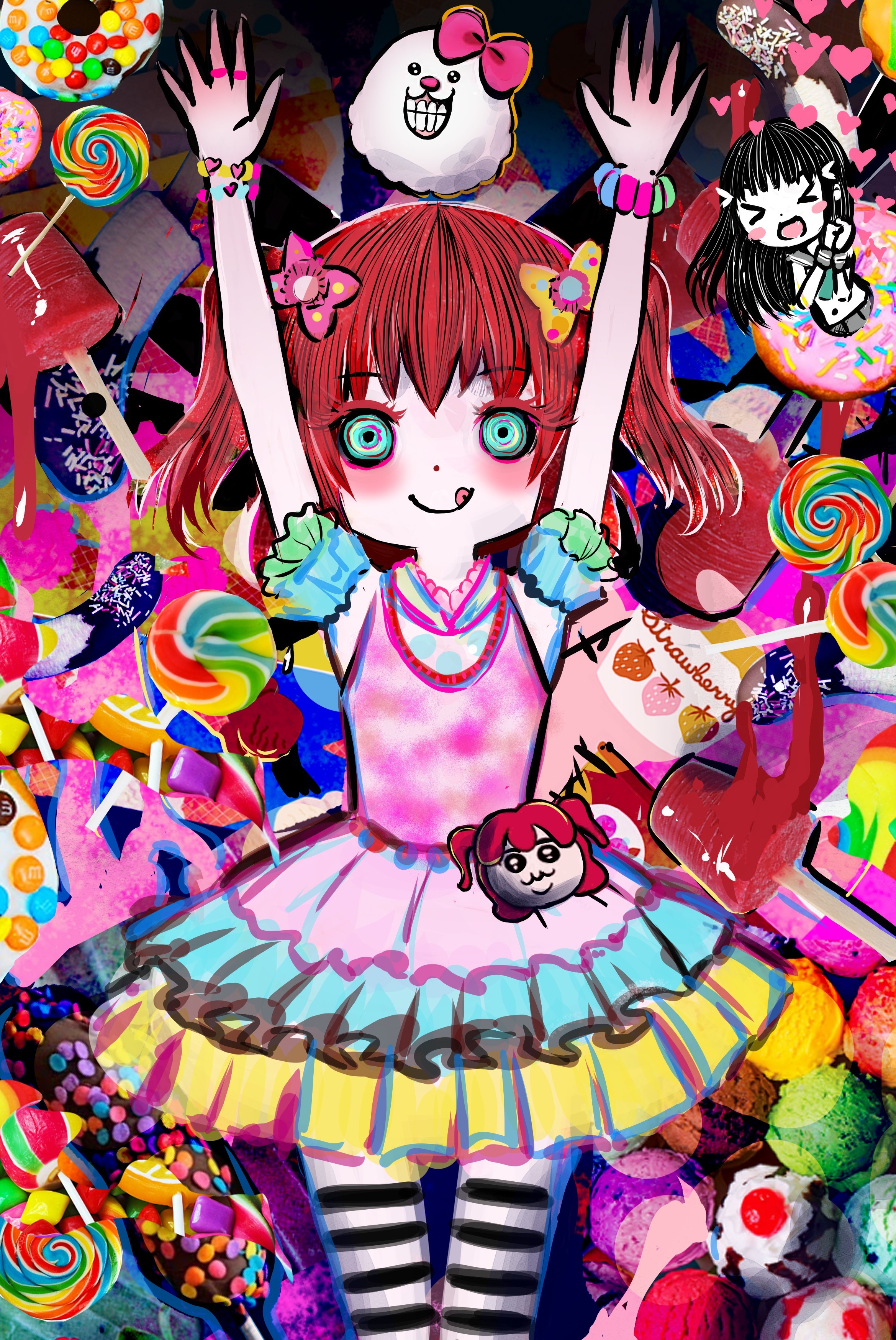 box wonderland, kurosawa dia, kurosawa ruby, love live!, love live! sunshine!!, absurdres, highres, arms up, blush, bracelet, candy, donut, dot nose, food, jewelry, lollipop, multicolored eyes, red hair, smile, twintails