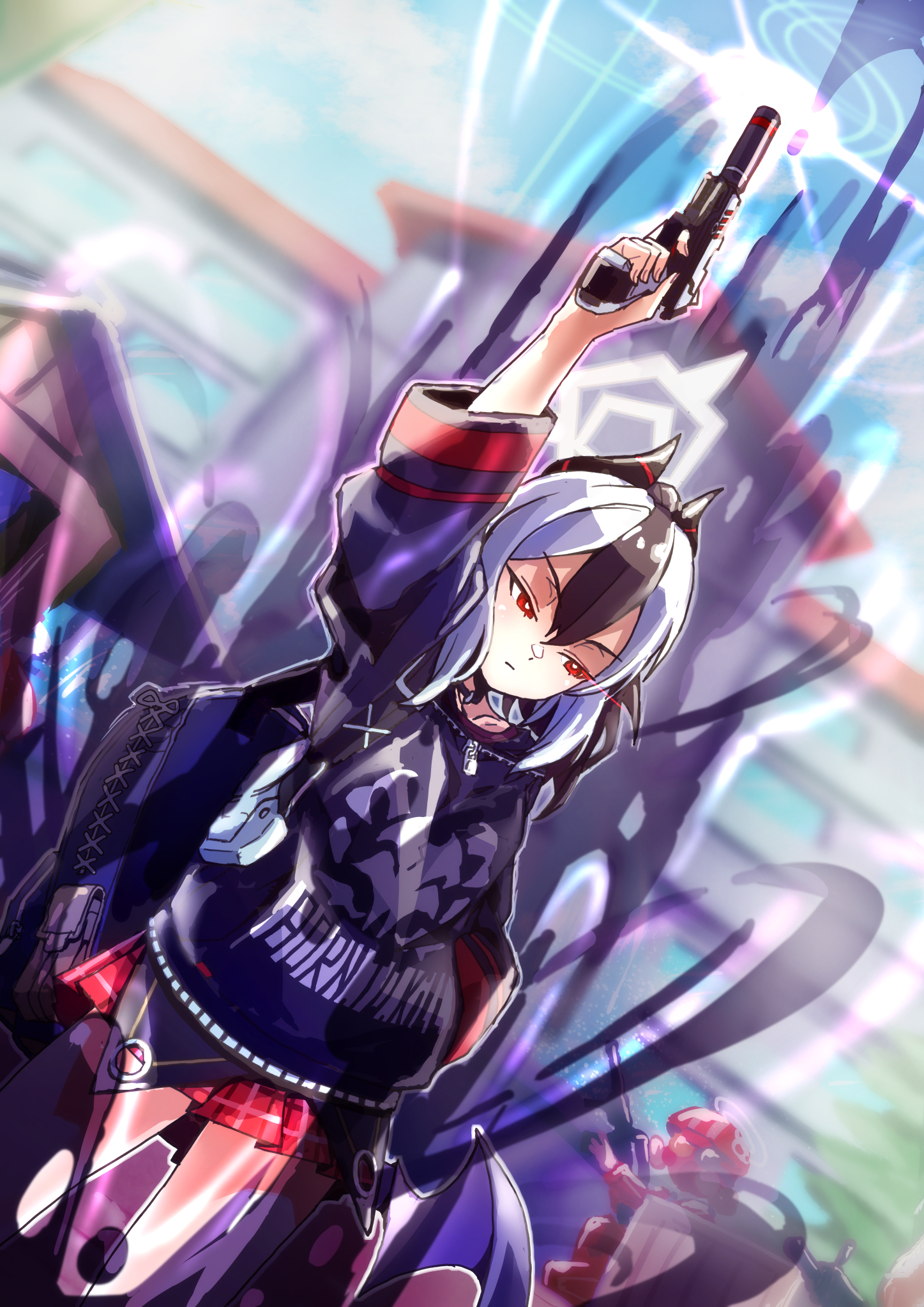 akaimame, kayoko (blue archive), blue archive, commentary request, highres, aura, black hair, building, choker, dark aura, demon horns, firing, gun, h&k p30, hair between eyes, halo, hand in pocket, handgun, holding, holding gun, holding weapon, hood, hoodie, horns, long hair, looking at viewer, miniskirt, multicolored hair, ponytail, red eyes, skirt, sky, solo focus, two-tone hair, weapon, white hair