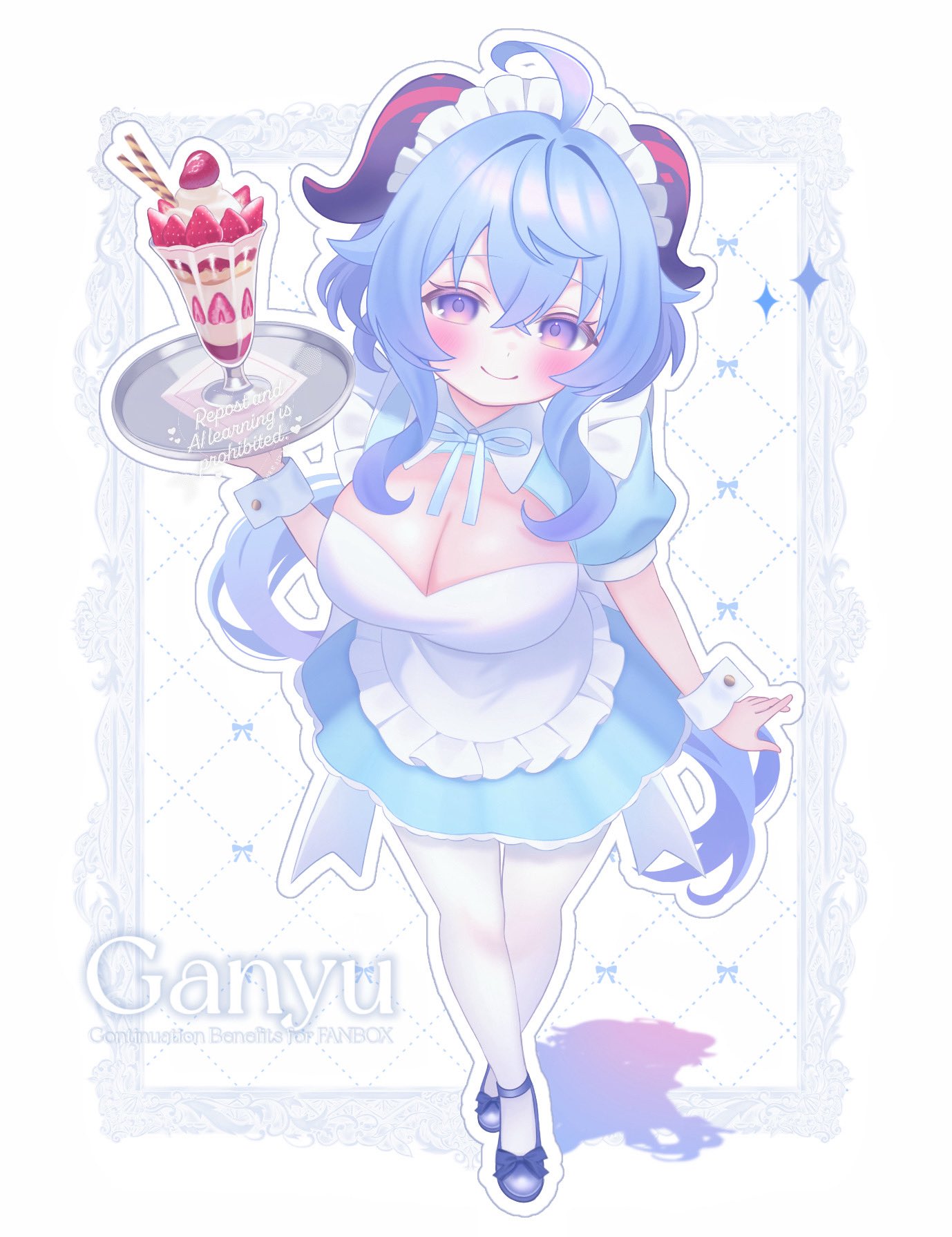 fuminshou (nekopan art), ganyu (genshin impact), genshin impact, commentary request, highres, 1girl, ahoge, alternate costume, apron, blue dress, blue hair, blue shoes, blush, breasts, character name, cleavage, closed mouth, dress, enmaided, food, frilled apron, frilled hairband, frills, goat horns, hair between eyes, hairband, hand up, holding, holding tray, horns, large breasts, long hair, looking at viewer, maid, maid headdress, pantyhose, parfait, purple eyes, shoes, short sleeves, smile, solo, strawberry parfait, tray, very long hair, white apron, white hairband, white pantyhose, white wrist cuffs, wrist cuffs