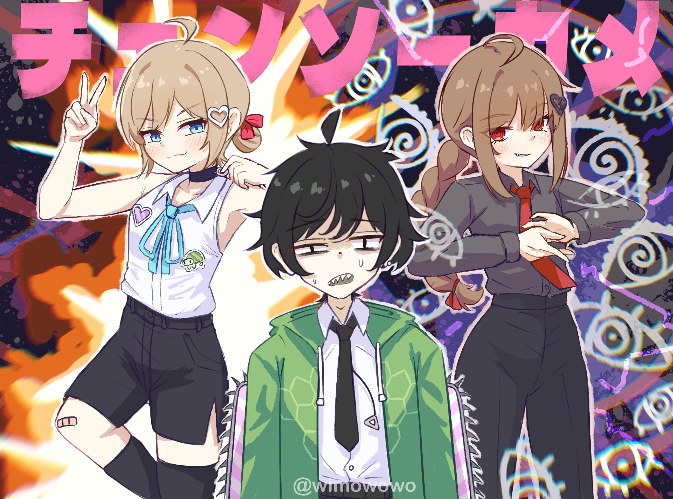 wimowo, evil neuro-sama, neuro-sama, vedal987, chainsaw man, commentary, english commentary, highres, 1boy, 2girls, ahoge, arm up, asymmetrical legwear, bandaid, bandaid on knee, bandaid on leg, black choker, black hair, black necktie, black pants, black shorts, black socks, black thighhighs, blue eyes, braid, braided ponytail, broken heart, broken heart hair ornament, brown hair, choker, closed mouth, dress shirt, fang, green hoodie, grey shirt, hair ornament, heart, heart hair ornament, hood, hoodie, long hair, long sleeves, multiple girls, necktie, pants, personification, red eyes, red necktie, sharp teeth, shirt, shirt tucked in, shorts, siblings, single sock, single thighhigh, sisters, sleeveless, sleeveless shirt, socks, teeth, thighhighs, twins, uneven legwear, v, vedal ai, virtual youtuber, white shirt