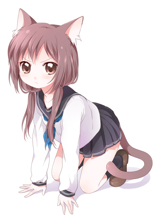 namori, original, 1girl, animal ears, black socks, brown eyes, brown hair, cat ears, cat tail, female focus, loafers, long hair, low twintails, school uniform, serafuku, shoes, socks, solo, tail, twintails
