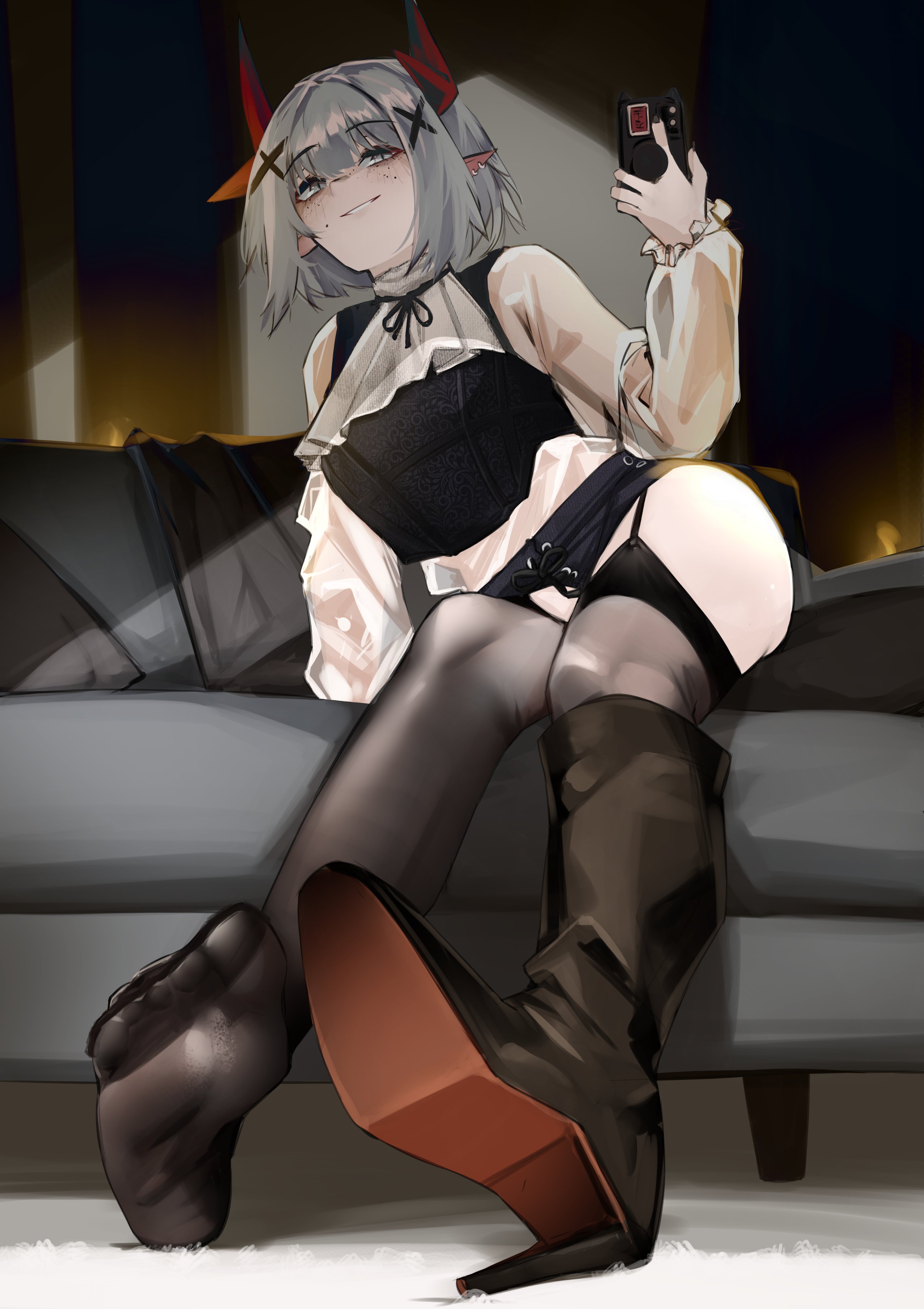 pupi (rain prophet), viscerae (vtuber), indie virtual youtuber, absurdres, highres, 1girl, blush, boots, cellphone, couch, feet, freckles, garter straps, grey eyes, grey hair, looking at viewer, medium hair, parted lips, phone, pointy ears, see-through clothes, see-through legwear, shoes, single shoe, sitting, smartphone, smile, soles, thighhighs, toes