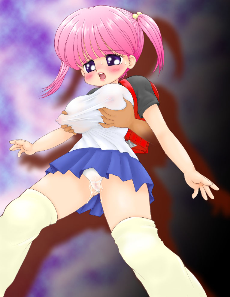 blush, breasts, cameltoe, grabbing another's breast, groping, large breasts, panties, pink hair, pussy juice, underwear, wet, wet clothes, wet panties